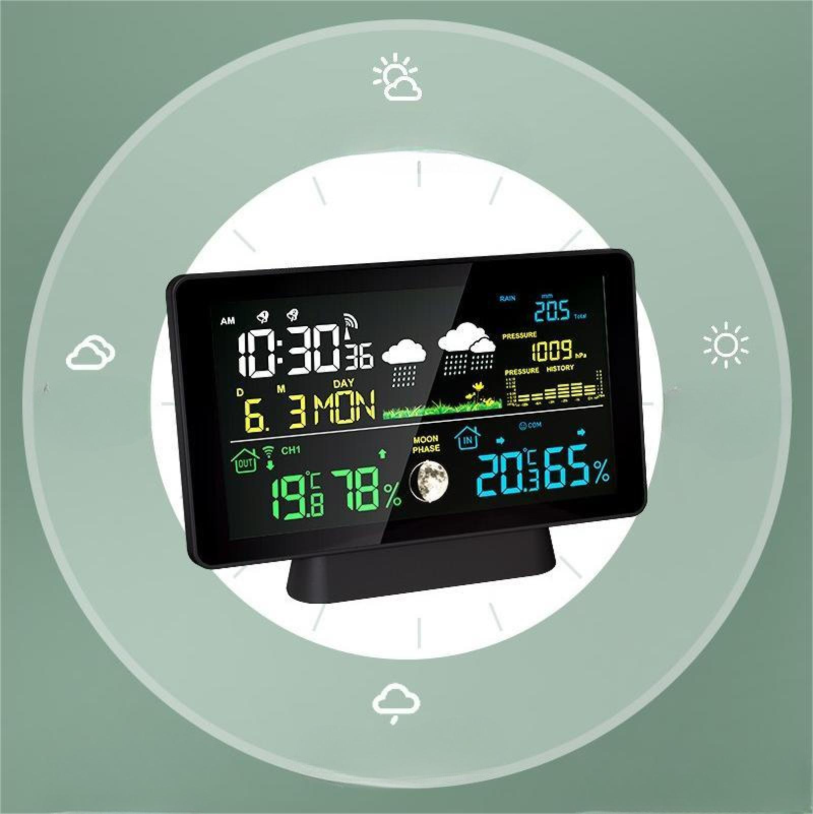 Eine digitale Wetterstation zeigt Uhrzeit, Datum und Wetterbedingungen an. Sie zeigt Temperatur, Luftfeuchtigkeit und Mondphaseninformationen.