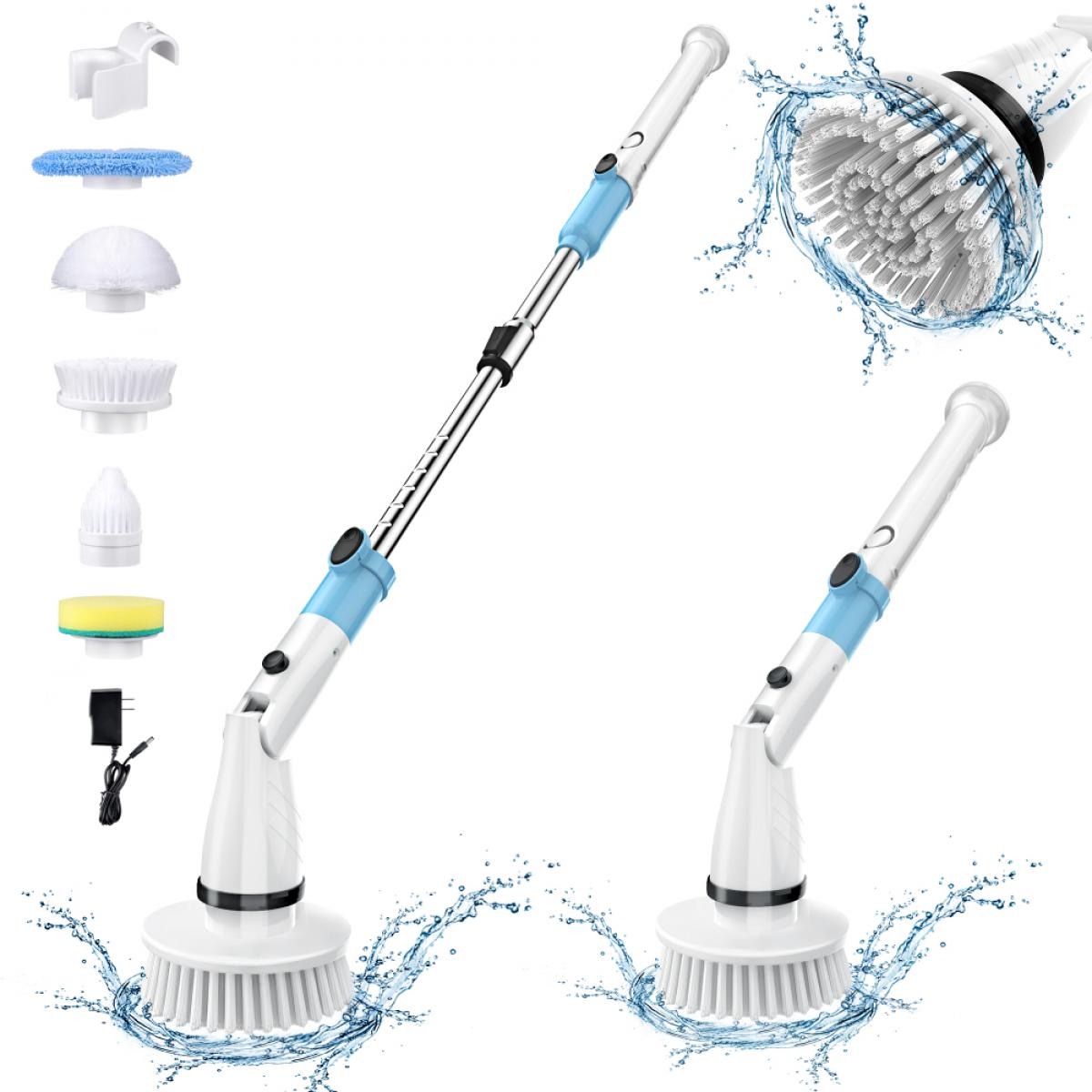 Elektrische Reinigungsbürste mit mehreren Köpfen, Wasserspritzern und einem Ladegerät. Weiße und blaue Bürste, mit verschiedenen Aufsätzen, vor weißem Hintergrund.