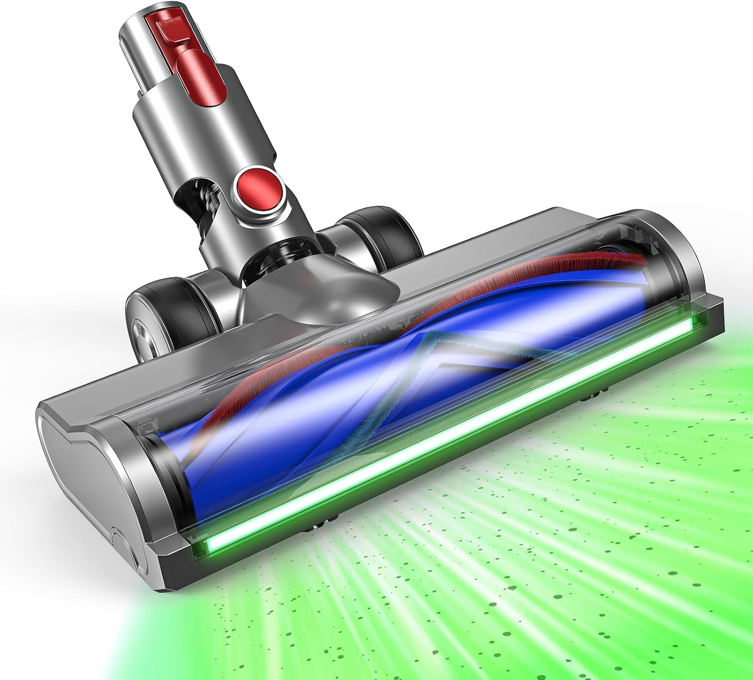 Nahaufnahme eines silber-roten Staubsaugerkopfes. Er hat eine blaue Rolle und ein grünes Licht. Grüne Lichtstrahlen gehen aus.