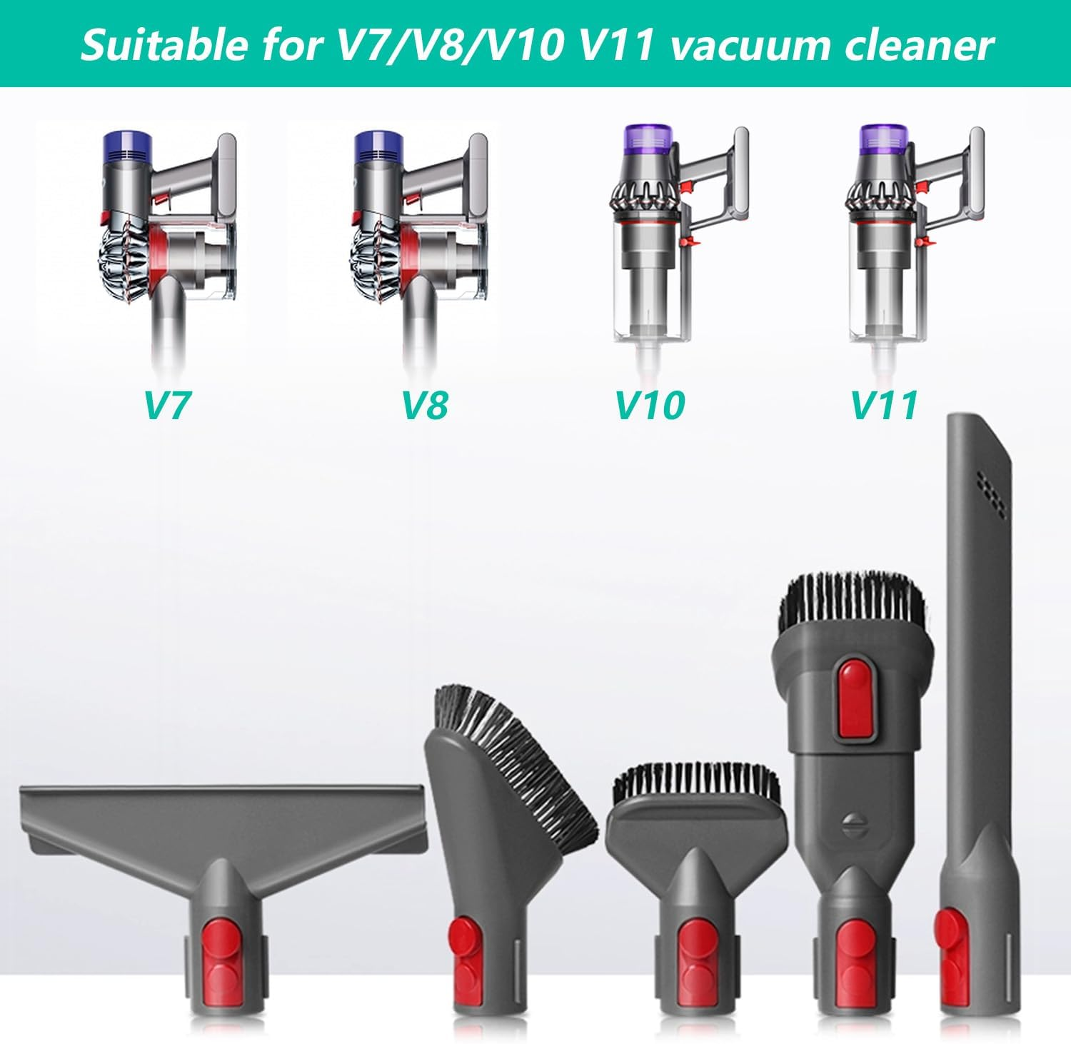 Das Bild zeigt Staubsauger-Modelle V7, V8, V10, V11 mit verschiedenen Aufsätzen. Der Text oben lautet 'Geeignet für V7/V8/V10 V11 Staubsauger'.