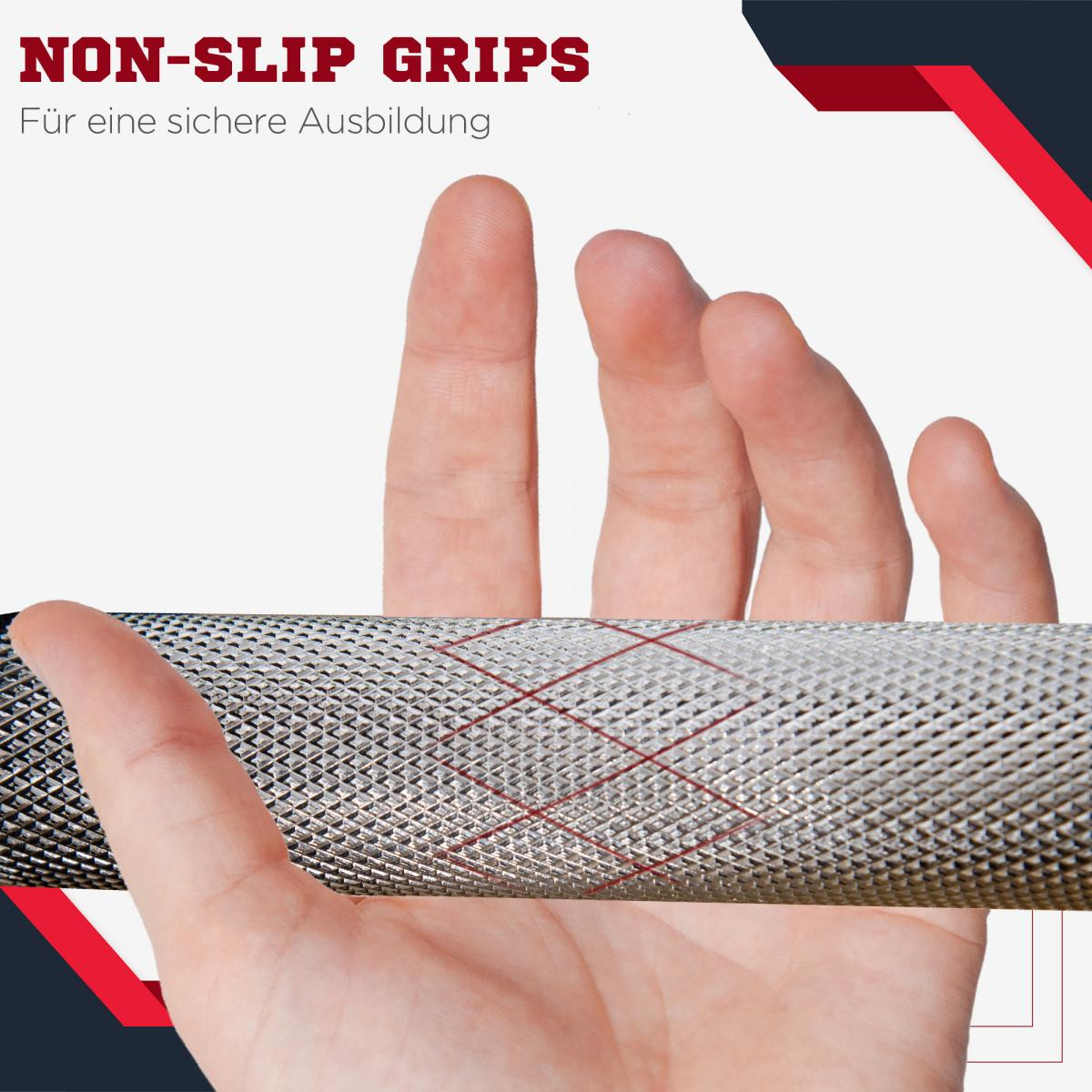 Eine Hand hält eine strukturierte Metallstange mit roten Linien. Der Text oben lautet 'Non-Slip Grips'. Der Hintergrund ist weiß mit roten und blauen Akzenten.