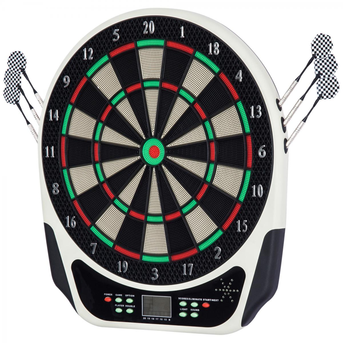 Eine Dartscheibe mit Darts. Das Board ist schwarz, weiß und rot. Darts mit karierten Flights sind um das Board herum platziert.