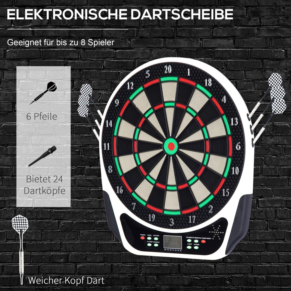 Elektronische Dartscheibe mit Darts und Zubehör auf Backsteinmauer-Hintergrund. Enthält Darts und Informationen zum Spiel.