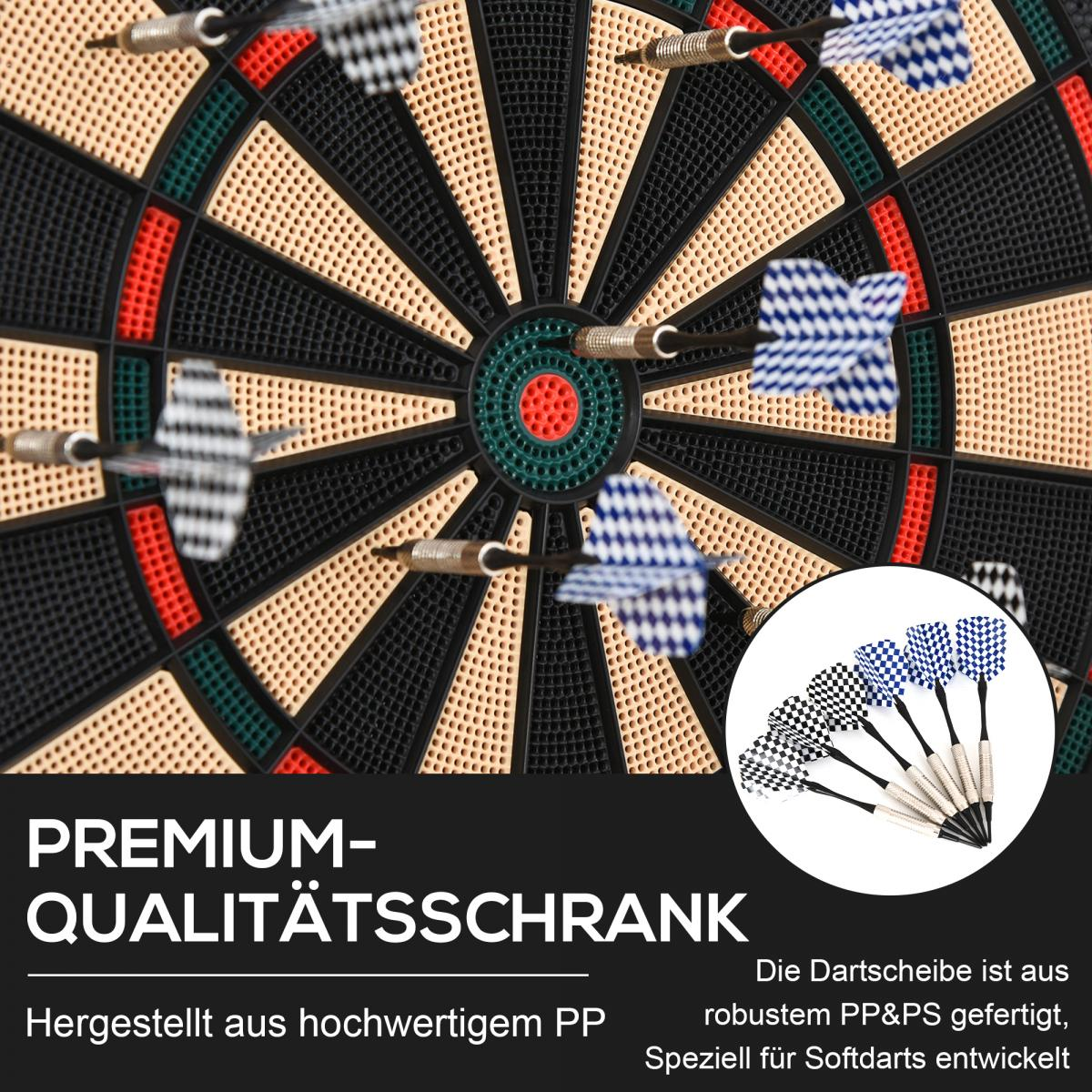 Eine Dartscheibe mit steckenden Darts. Das Board hat rote, grüne, schwarze und beige Bereiche. Text: 'Premium-Qualitätsschrank'.