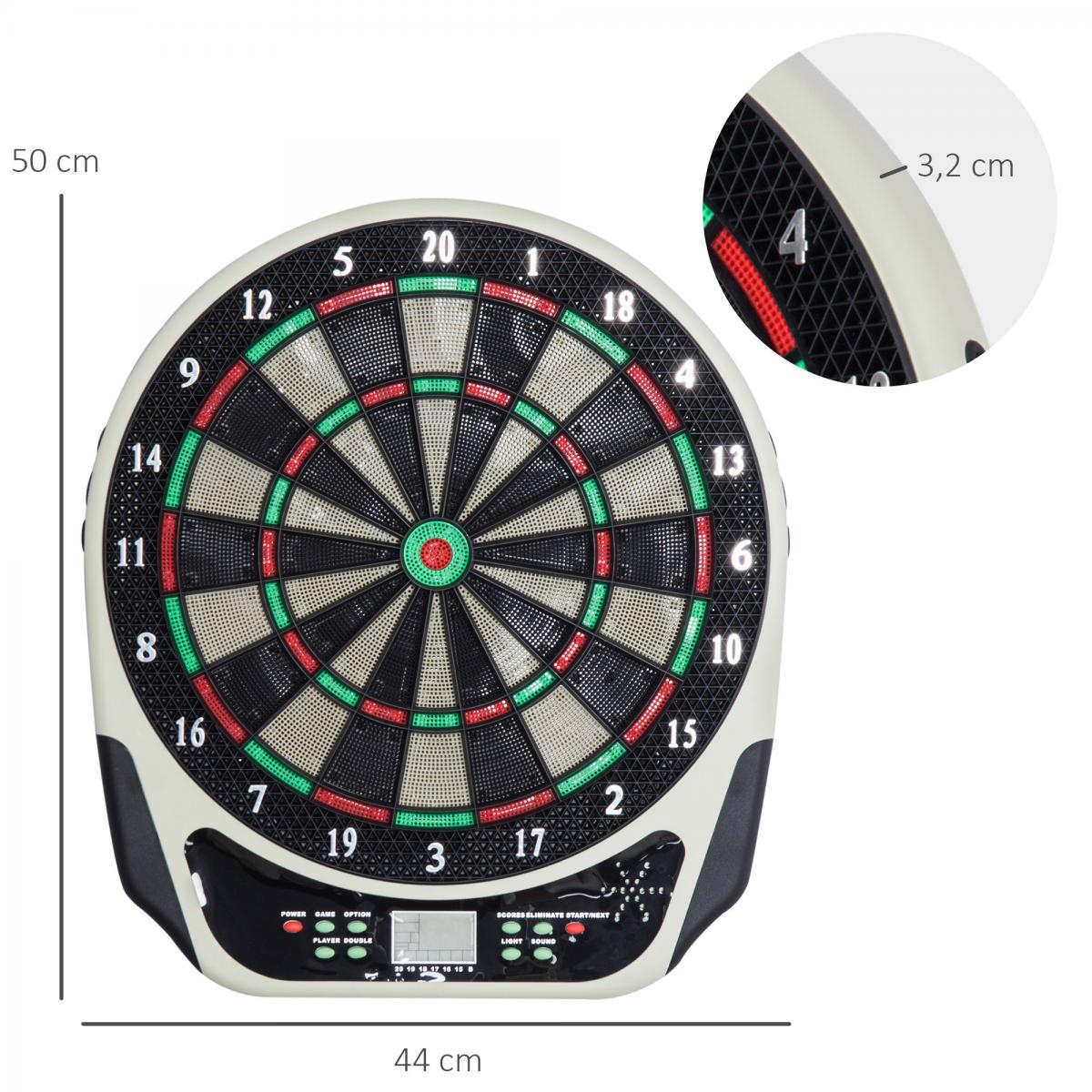 Eine elektronische Dartscheibe mit Zahlen, roten und grünen Abschnitten und einem Digitaldisplay. Sie misst 50 cm hoch und 44 cm breit.