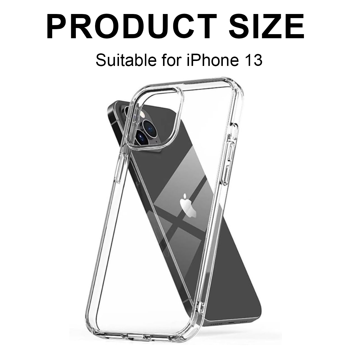 Ein iPhone 13 in einer klaren Hülle. Text zur Produktgröße steht oben, die Handyhülle ist transparent.