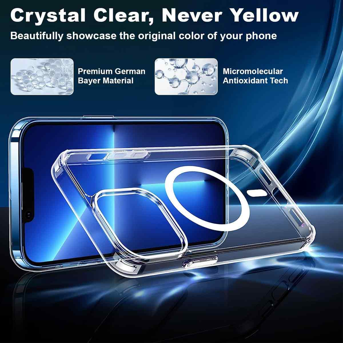 Auf einem blauen Telefon wird eine Telefonhülle angezeigt. Der Text lautet Crystal Clear, Never Yellow. Es werden die Eigenschaften der Hülle hervorgehoben.