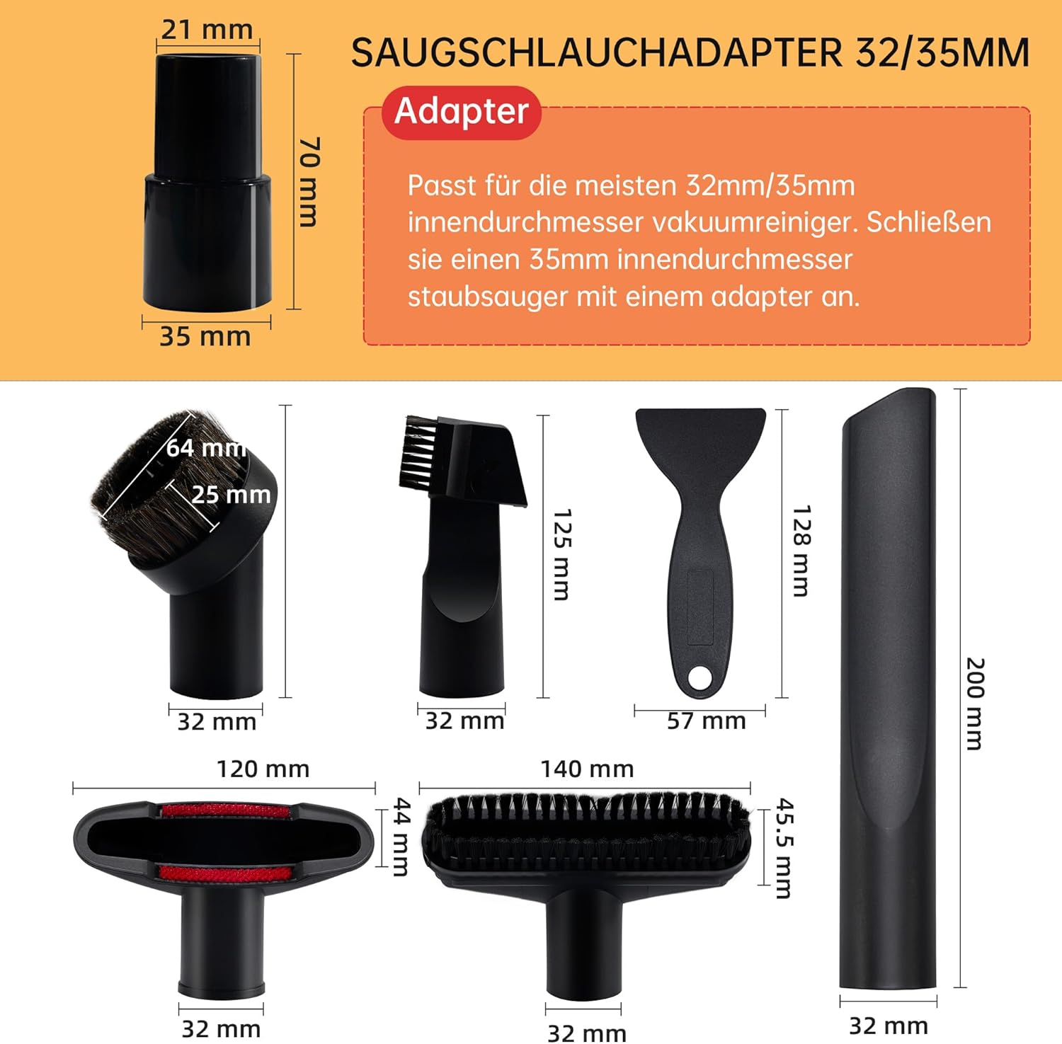 Das Bild zeigt Staubsaugeraufsätze mit Abmessungen. Enthält Adapter, Bürste, Düse und Fugendüse in Schwarz.