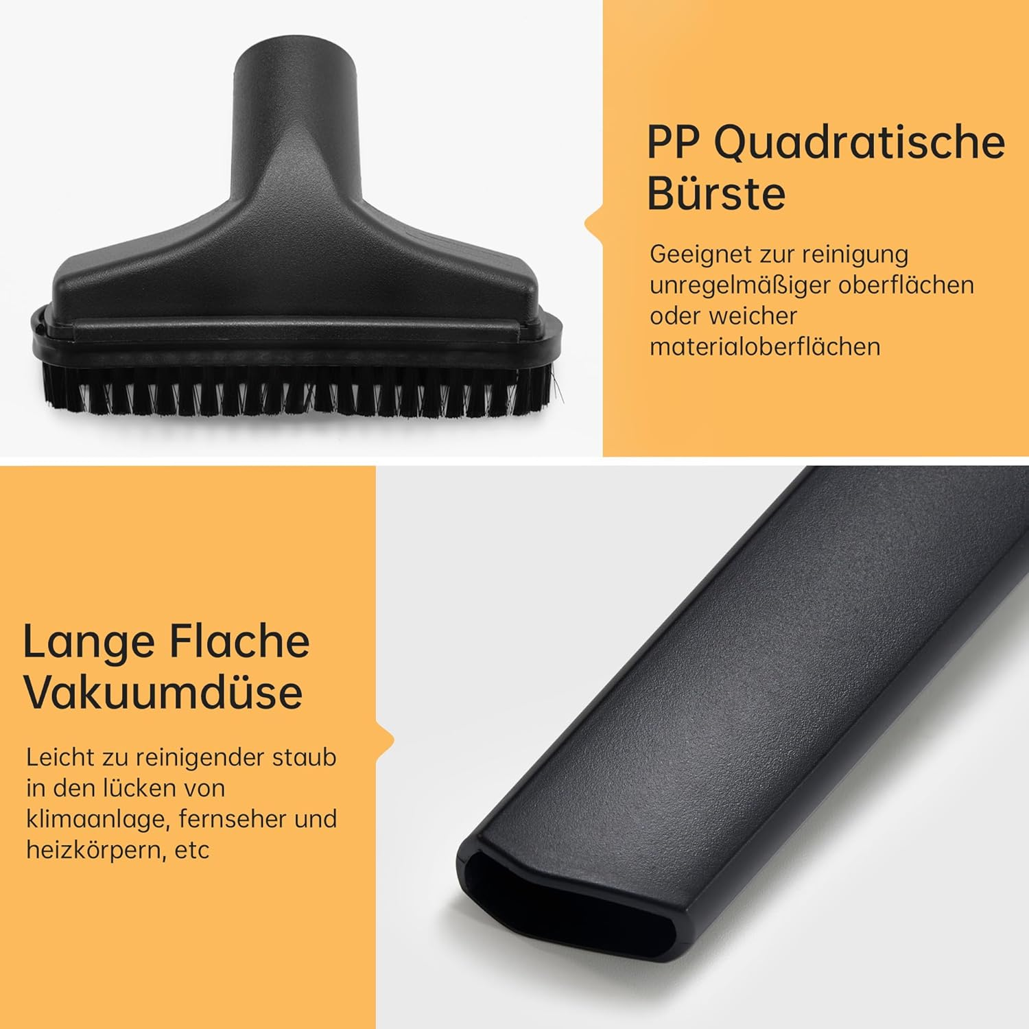 Das Bild zeigt Staubsaugeraufsätze. Enthält einen Bürstenkopf, eine lange flache Düse und deutsche Textbeschreibungen.