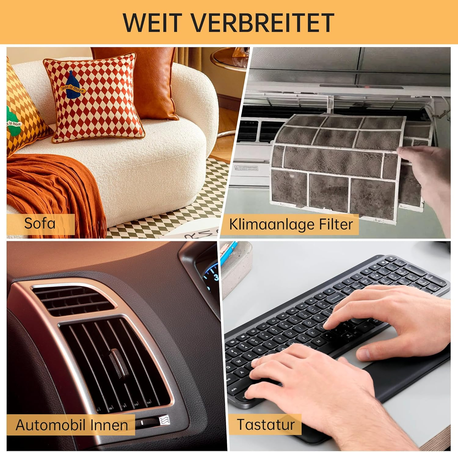 Das Bild zeigt ein Sofa mit Kissen, einen schmutzigen Luftfilter, Lüftungsschlitze im Auto und Hände, die eine Tastatur bedienen.