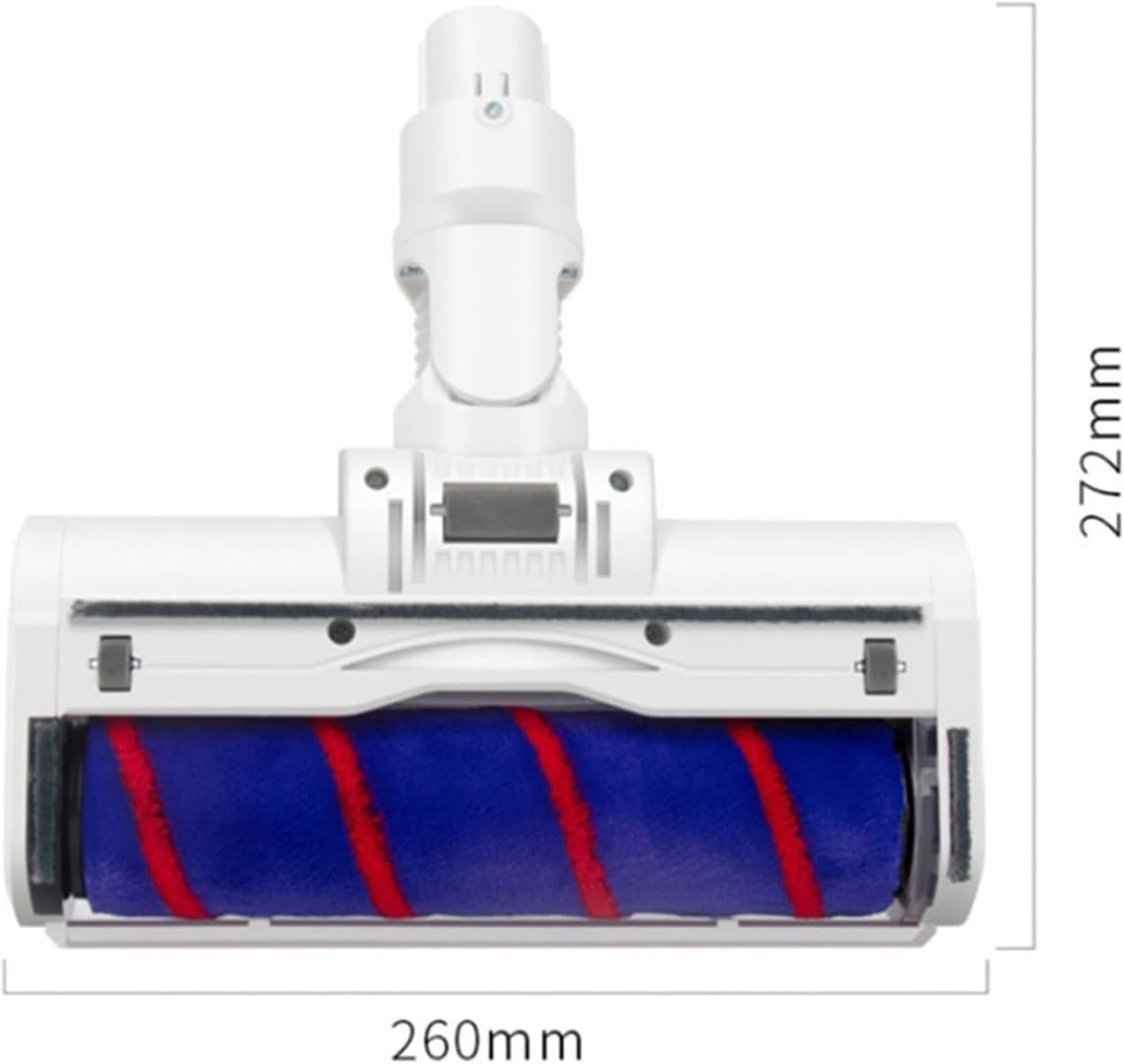 Weißer Staubsaugerkopf mit blau-roter Walzenbürste. Maße: 260 mm breit und 272 mm hoch.