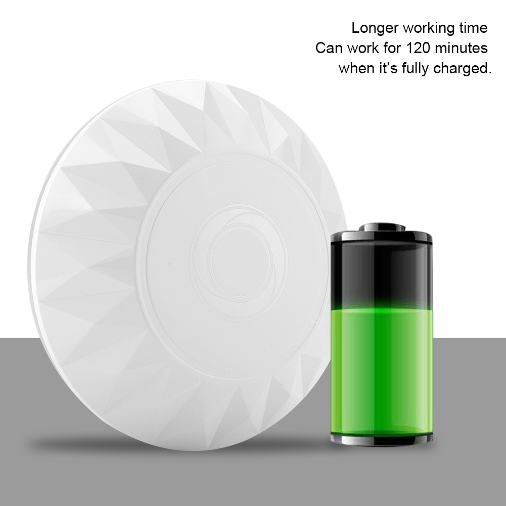 Eine weiße Scheibe mit geometrischem Muster neben einem Batteriesymbol mit grüner Ladeanzeige.