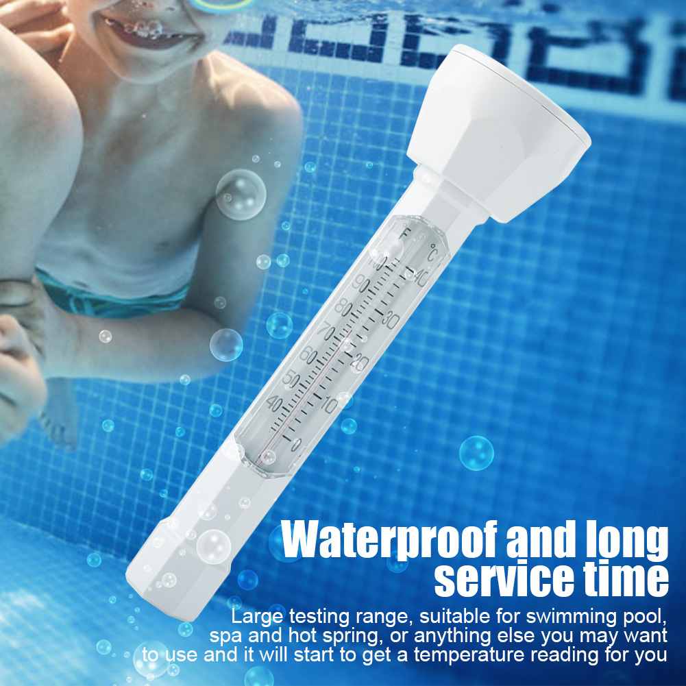 Ein weißes Poolthermometer unter Wasser. Im Hintergrund ist ein Kind zu sehen. Der Text lautet wasserdicht und lange Lebensdauer.