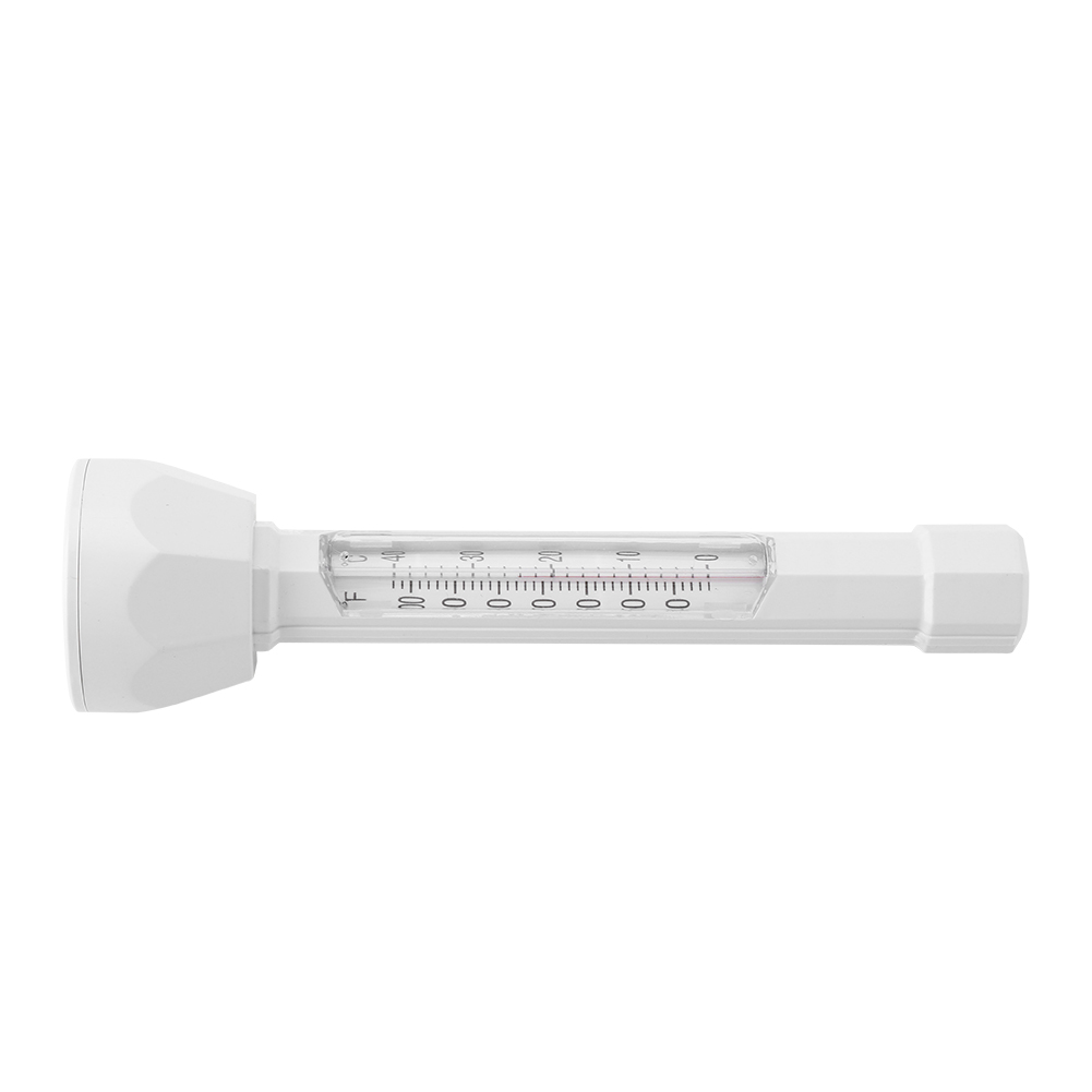Ein weißes Poolthermometer liegt horizontal. Es hat ein klares Rohr mit Temperaturmarkierungen und ein weißes griffartiges Ende.