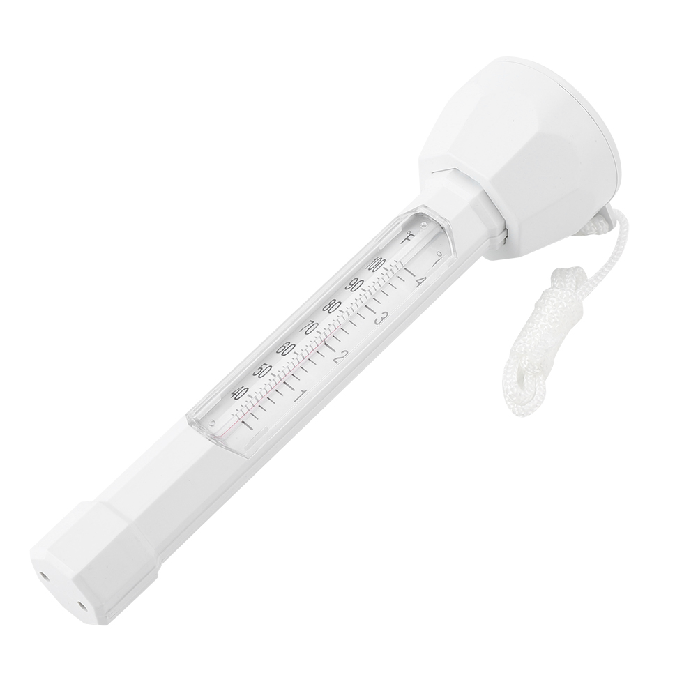 Ein weißes Poolthermometer. Es hat einen langen Körper mit Temperaturmarkierungen, einen Kolben und einen Griff mit Schnur.
