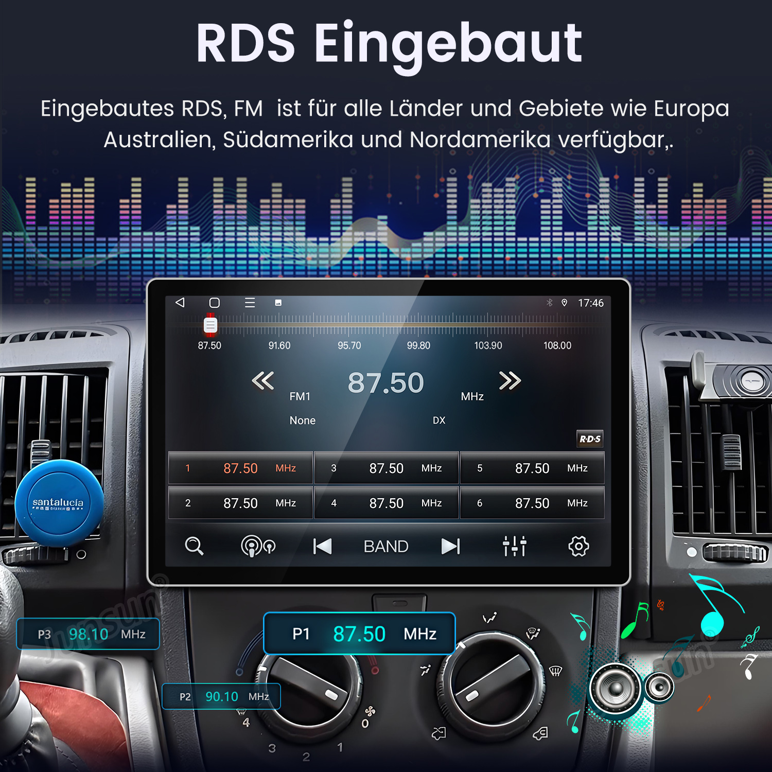Autoradio mit Digitalanzeige, die die UKW-Frequenz 87,50 MHz anzeigt. Tasten und Bedienelemente sind sichtbar, sowie ein blauer Lufterfrischer.