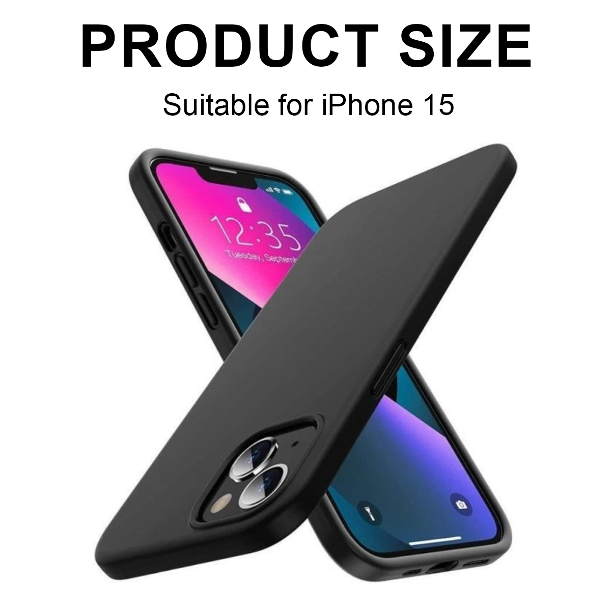Zwei schwarze Handyhüllen für das iPhone 15 sind gekreuzt. Einer zeigt einen Telefonbildschirm mit Uhrzeit und Datum.