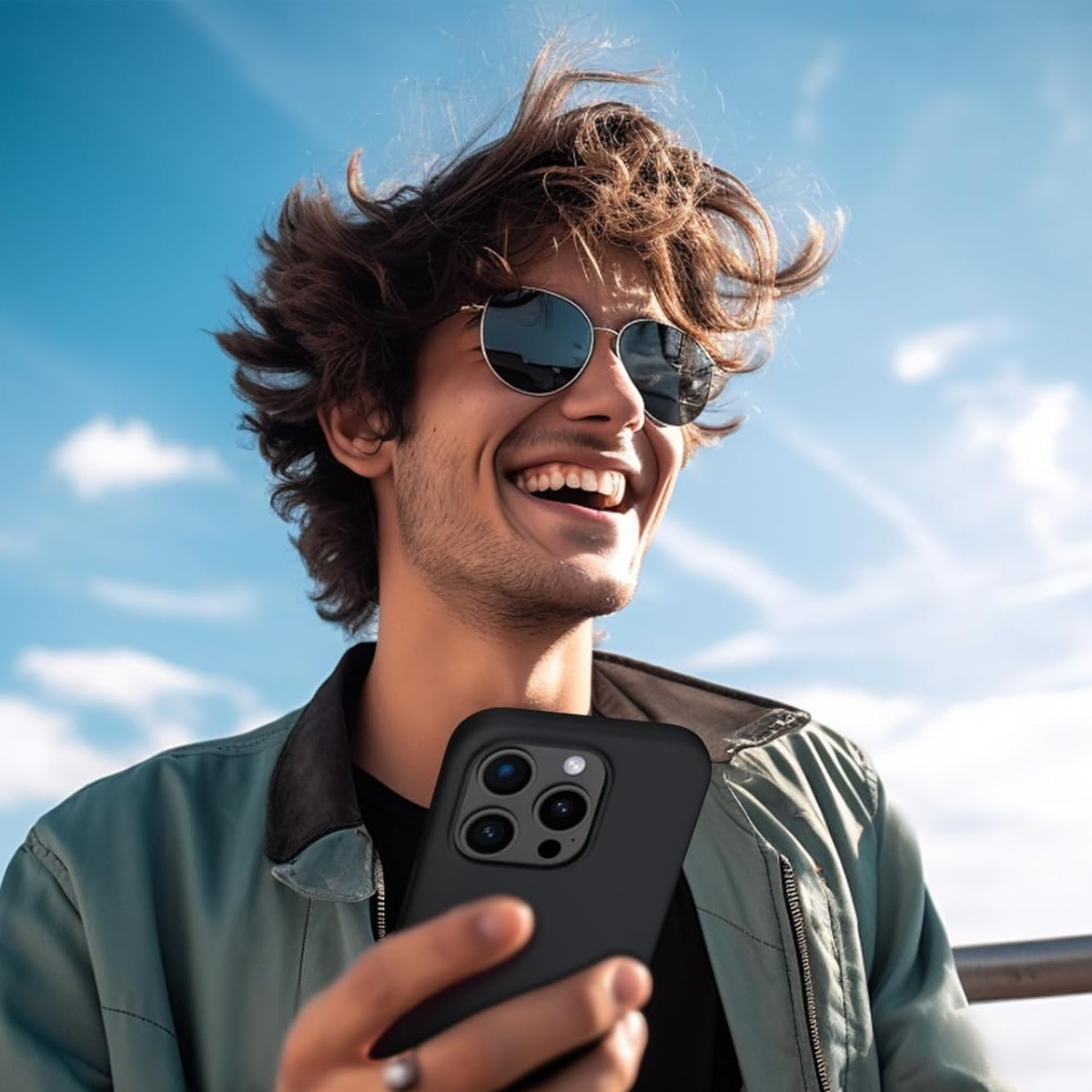 Ein lächelnder Mann mit Sonnenbrille hält ein schwarzes Telefon. Er trägt eine grüne Jacke vor blauem Himmel.