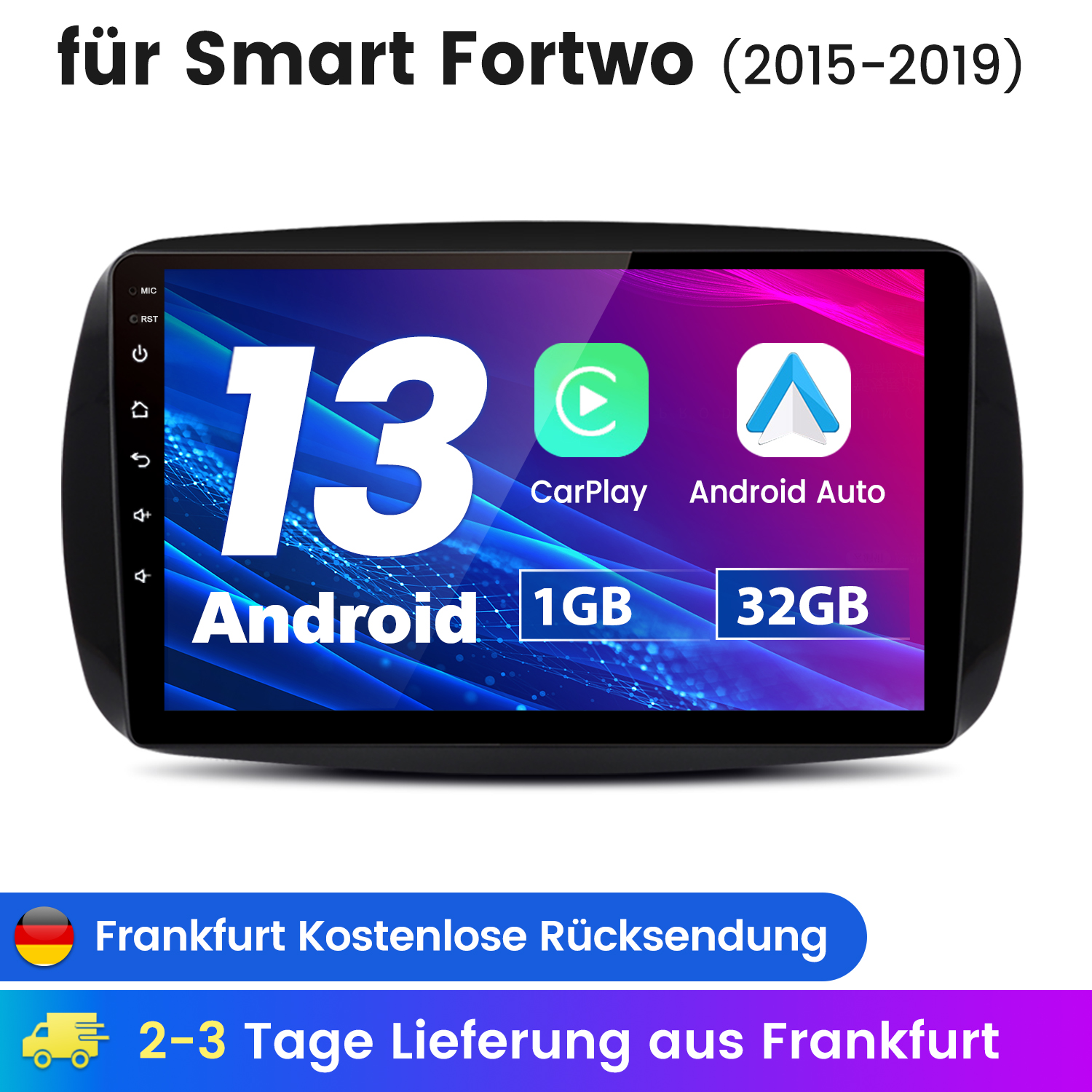 Ein Autoradiobildschirm mit der Anzeige '13'. Mit CarPlay, Android Auto, Android, 1GB und 32GB. Text unten.