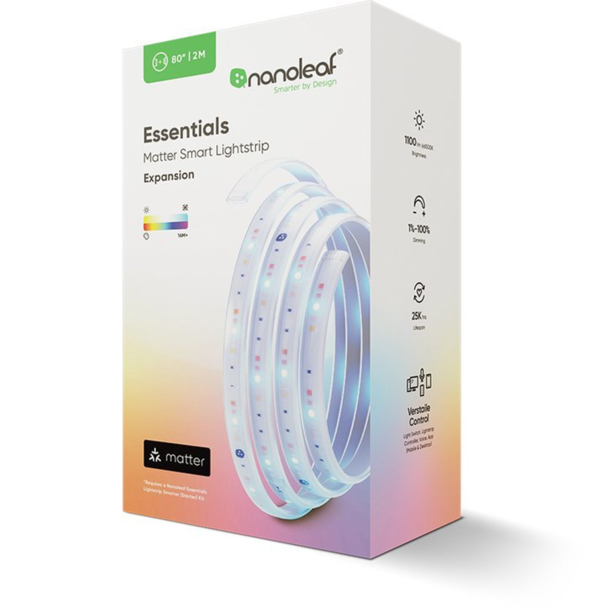 Scatola di Nanoleaf Essentials Matter Smart Lightstrip. La scatola mostra la striscia luminosa, il marchio e le caratteristiche del prodotto.