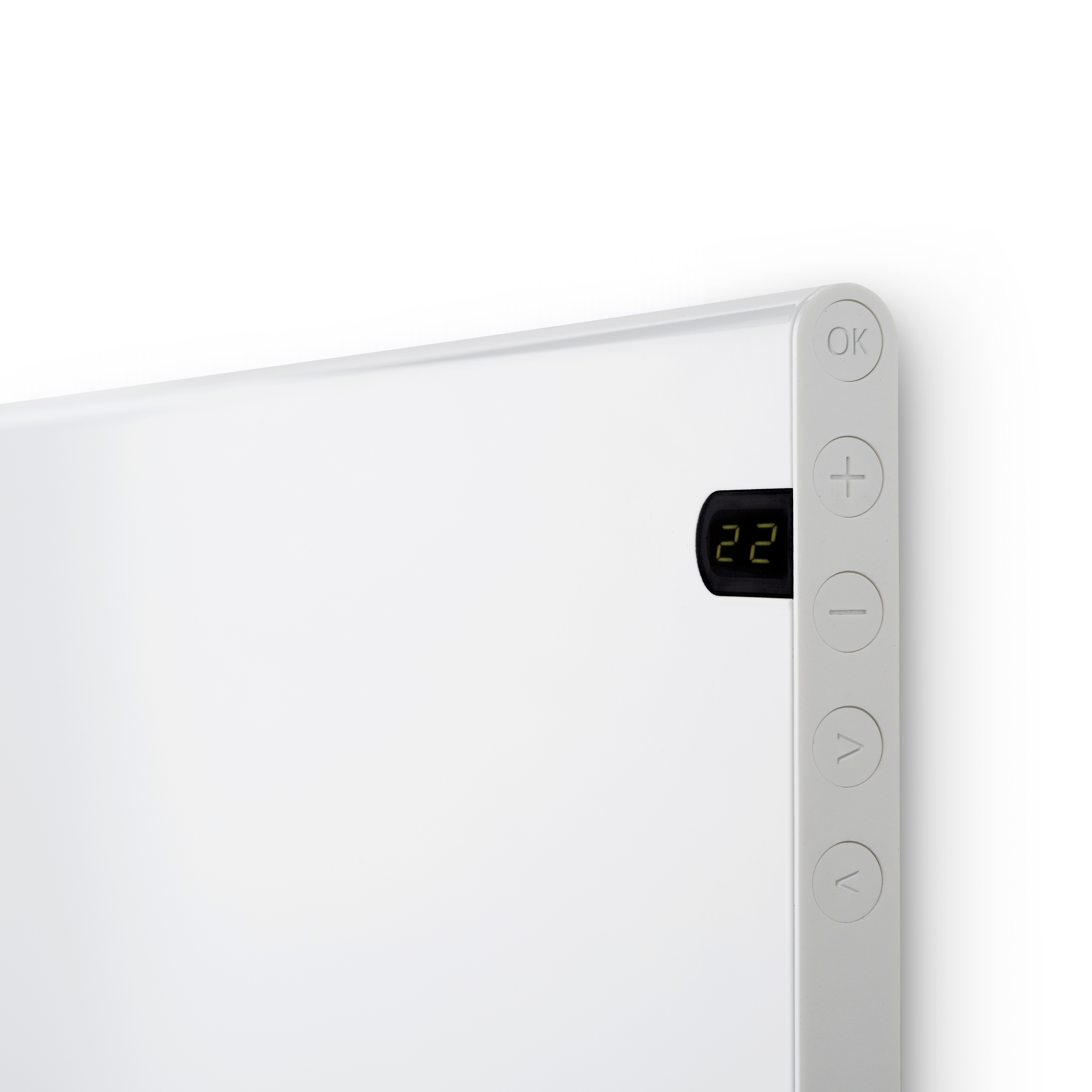 Pannello bianco con controlli e display digitale che mostra 22. Lo sfondo è bianco.