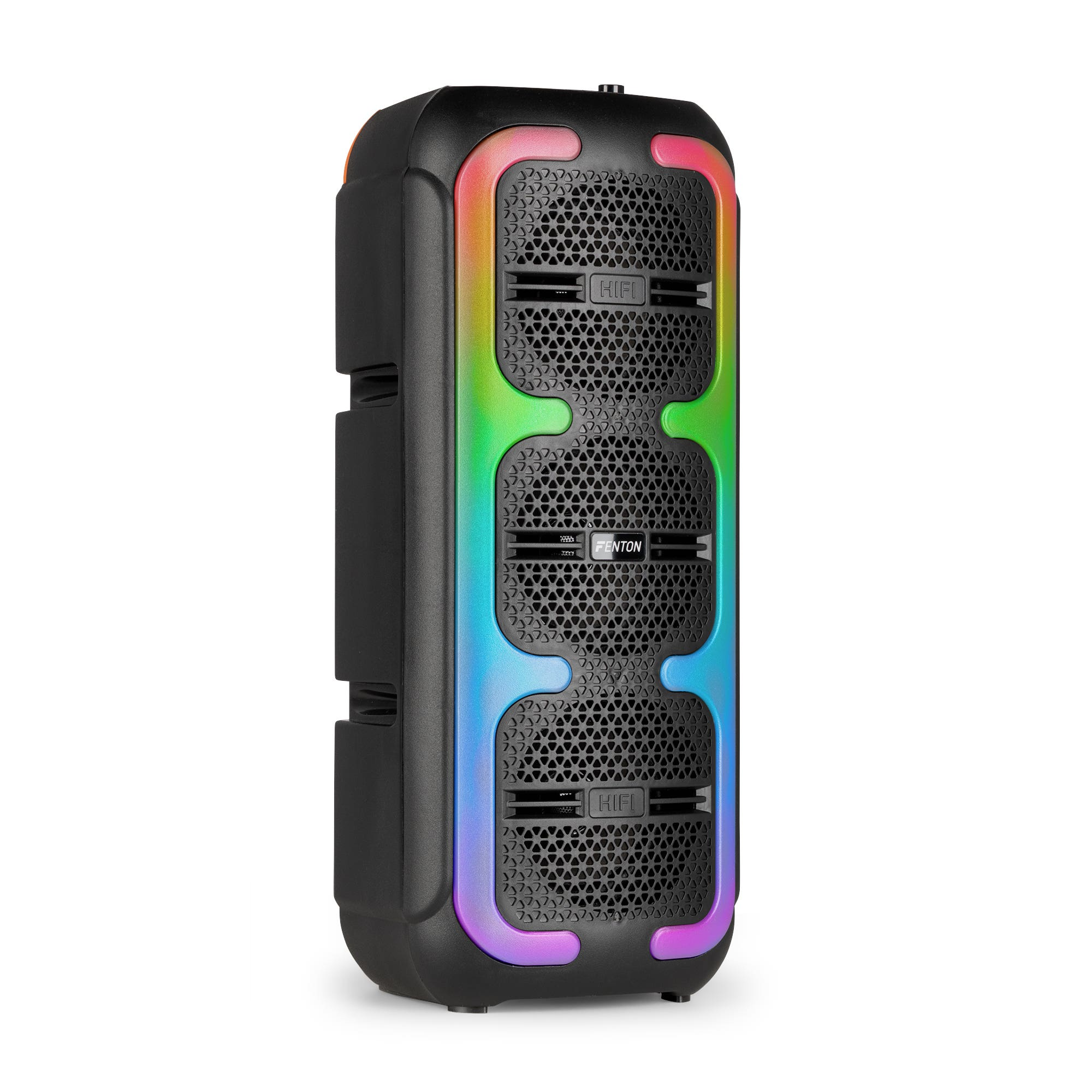 Altavoz negro con luces LED de colores. Tiene una parte frontal de malla y la marca FENTON es visible.