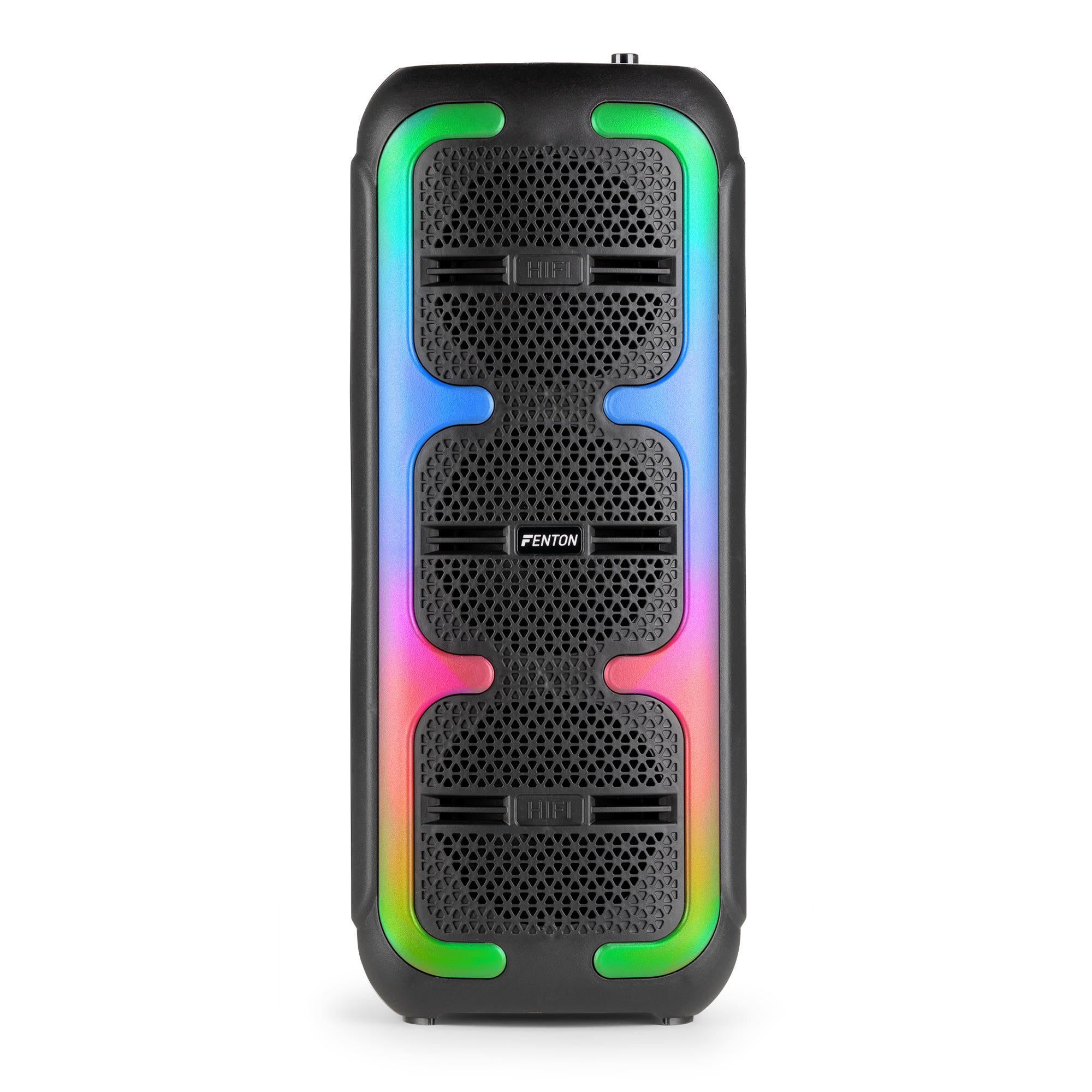Altavoz negro con luces LED de colores en los bordes. Tiene un diseño de malla triangular y la marca FENTON.