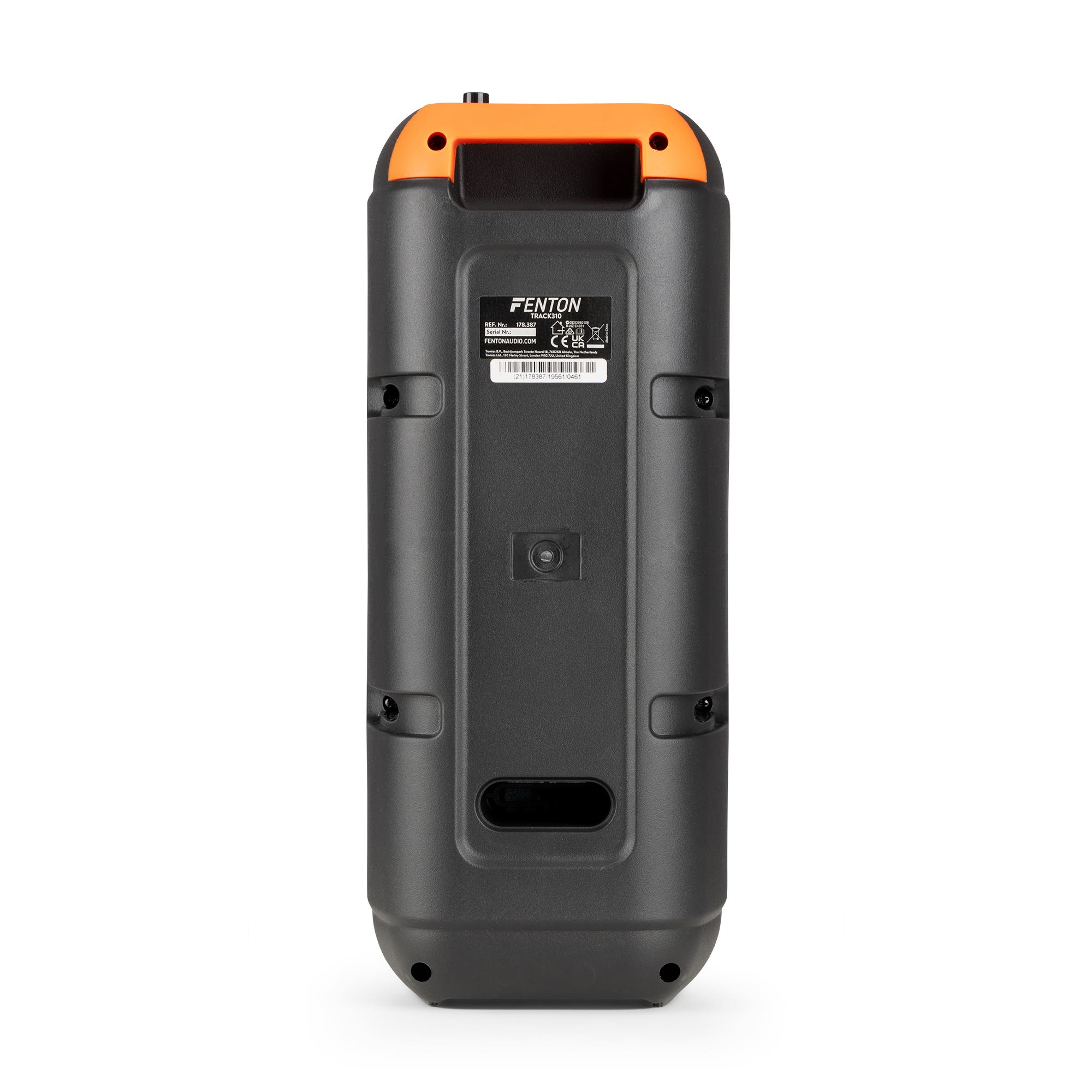 Un altavoz negro con asa naranja. Tiene el logotipo de Fenton y información del producto en la parte trasera.