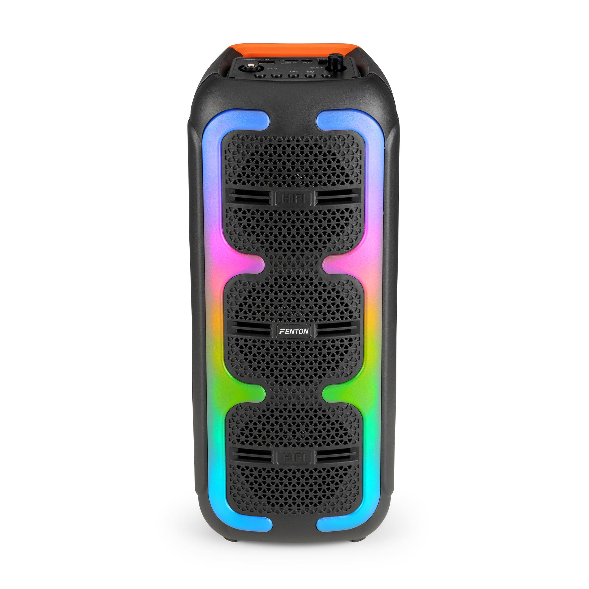 Altavoz negro con luces LED de colores en los bordes. La marca FENTON es visible.