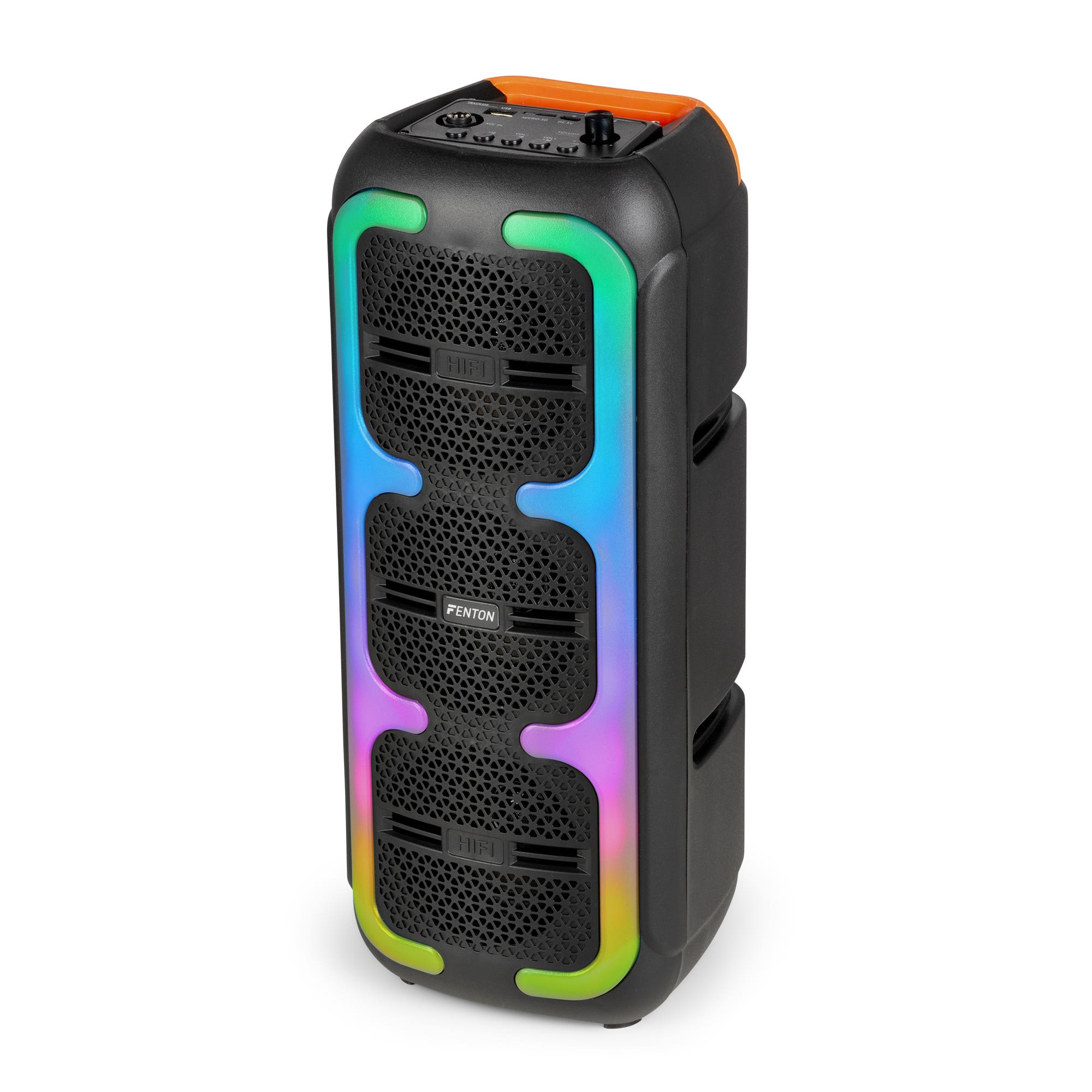 Un altavoz negro Fenton con luces LED de colores. Tiene una parte frontal de malla, parte superior naranja y varias opciones de entrada.