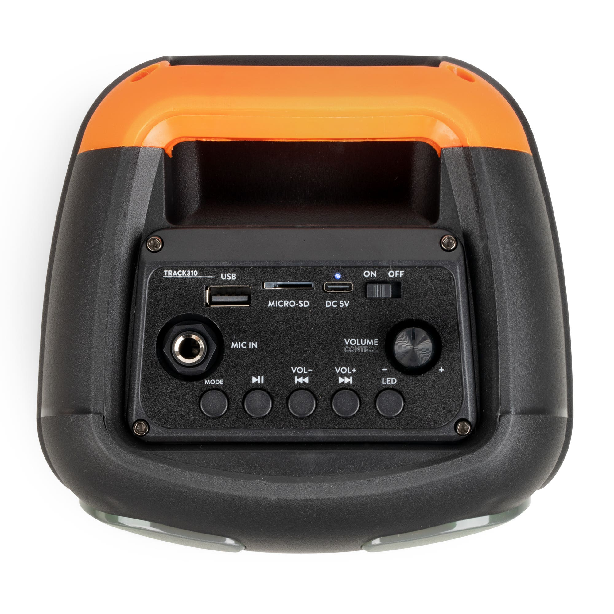 Altavoz negro y naranja. Incluye USB, Micro-SD, control de volumen y varios botones. Tiene un asa en la parte superior.