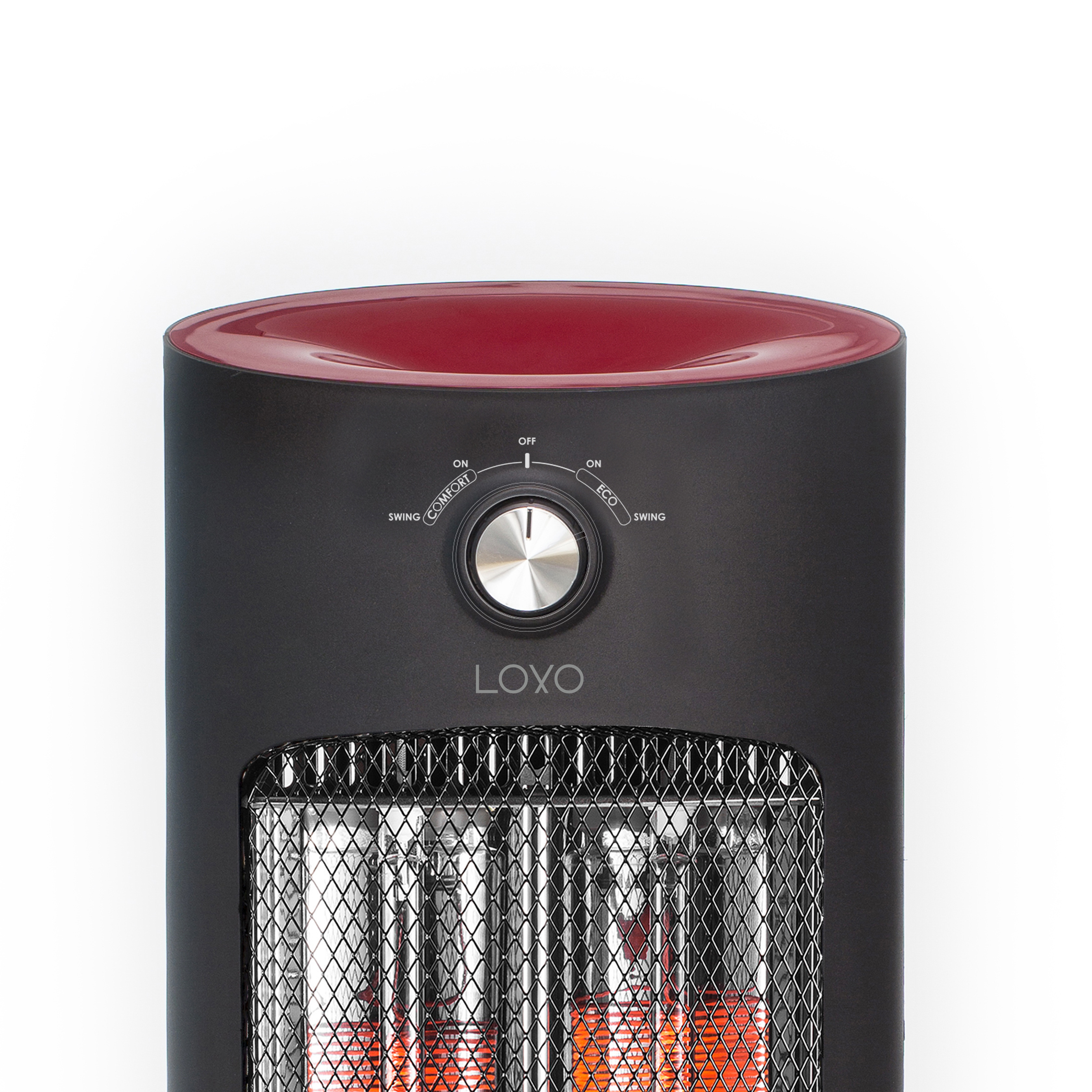 Czarny i czerwony grzejnik. Ma panel sterowania, metalową kratkę i nazwę marki LOXO.
