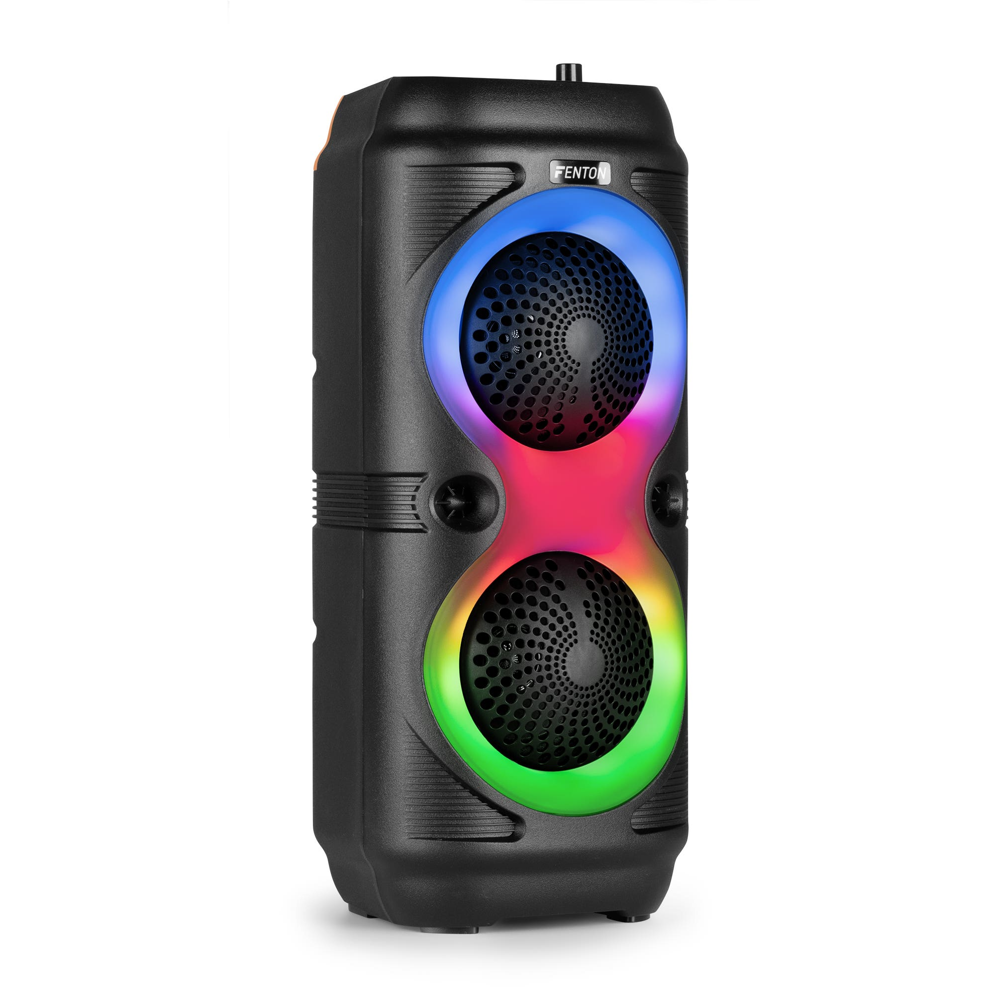 Un altavoz negro con luces de colores. El altavoz tiene dos rejillas circulares y la marca 'Fenton' en el frente.