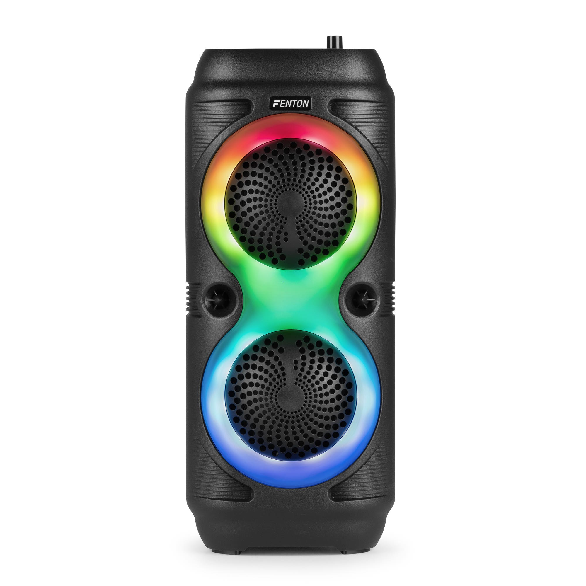 Altavoz Fenton negro con luces LED coloridas. Tiene dos rejillas de altavoz y un control en la parte superior. El fondo es blanco.