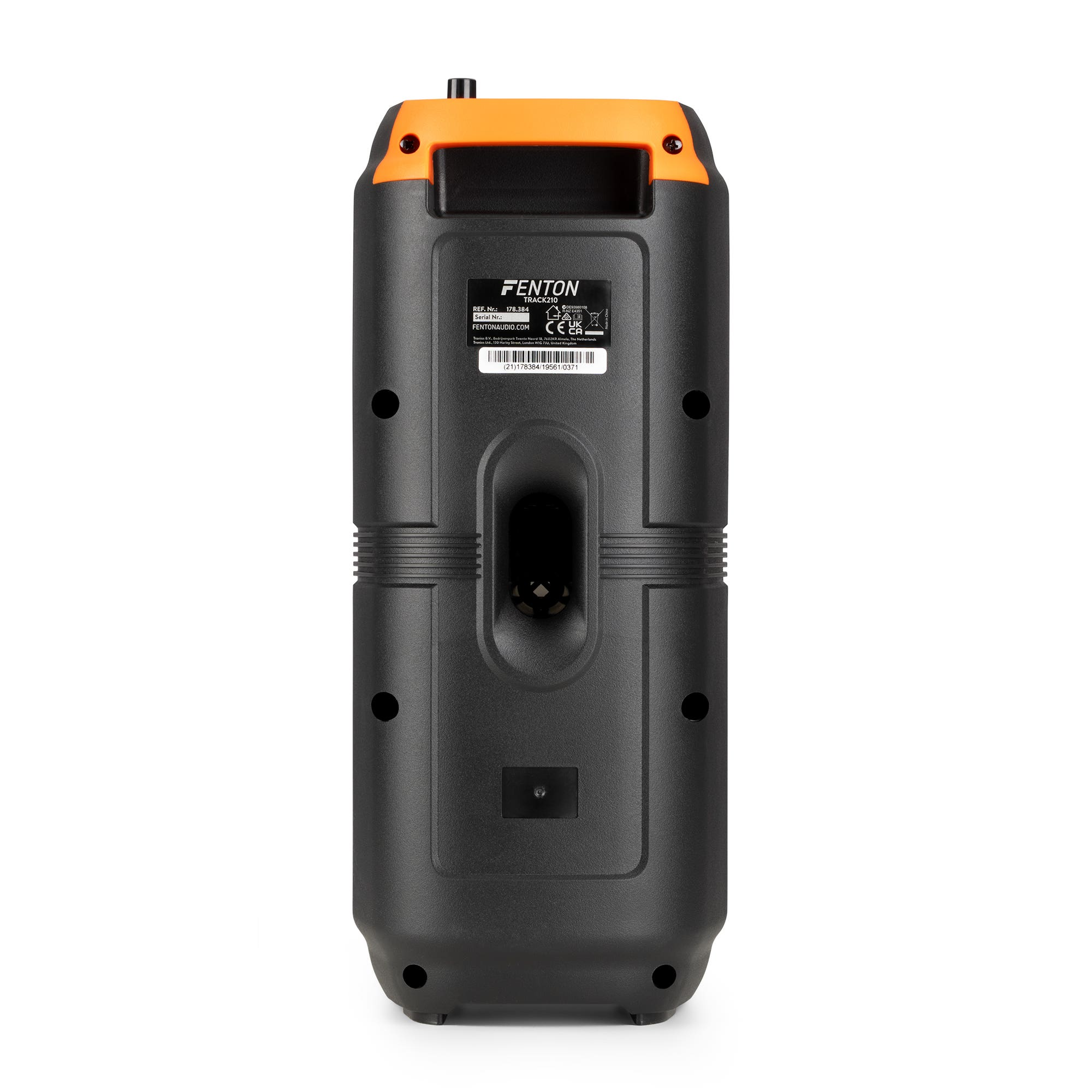 Altavoz negro con parte superior naranja. Tiene una etiqueta con texto. El fondo es blanco.
