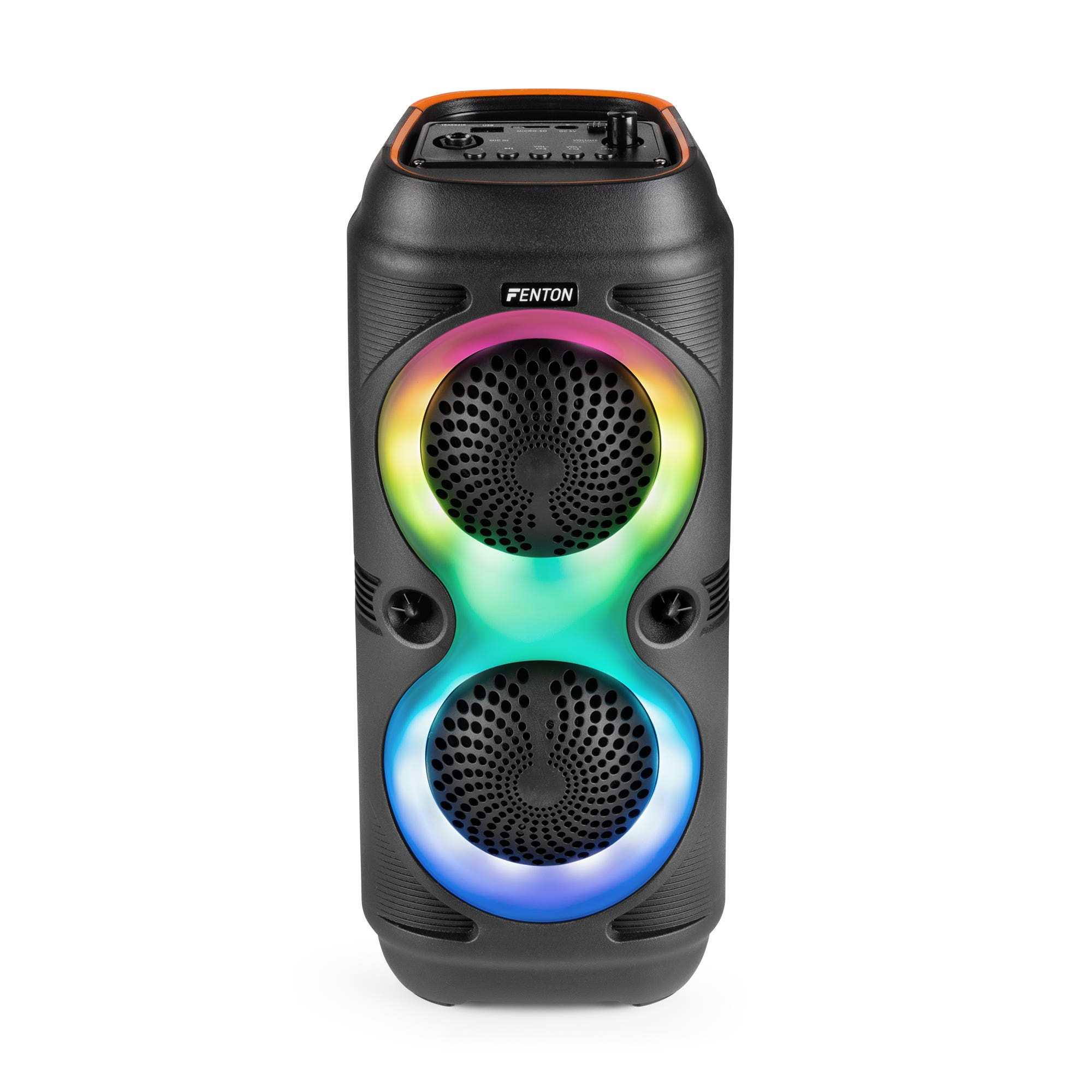Un altavoz negro Fenton con luces de colores. El altavoz tiene dos rejillas circulares y un panel de control.