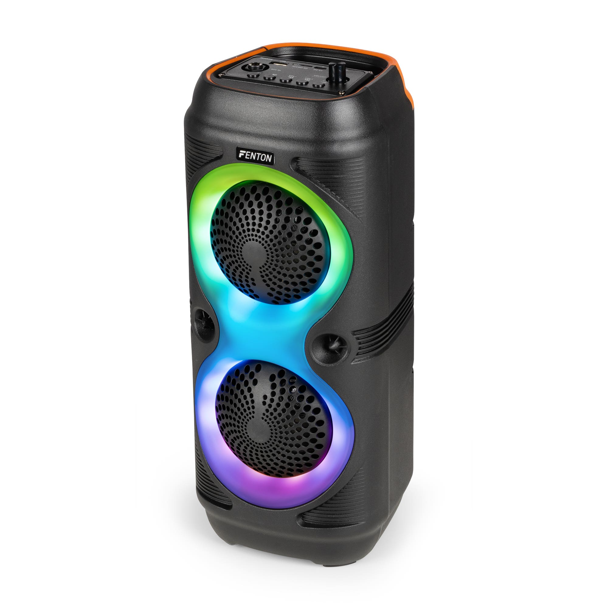 Altavoz negro con luces de colores. El logotipo de Fenton es visible. Tiene dos altavoces con rejillas circulares.