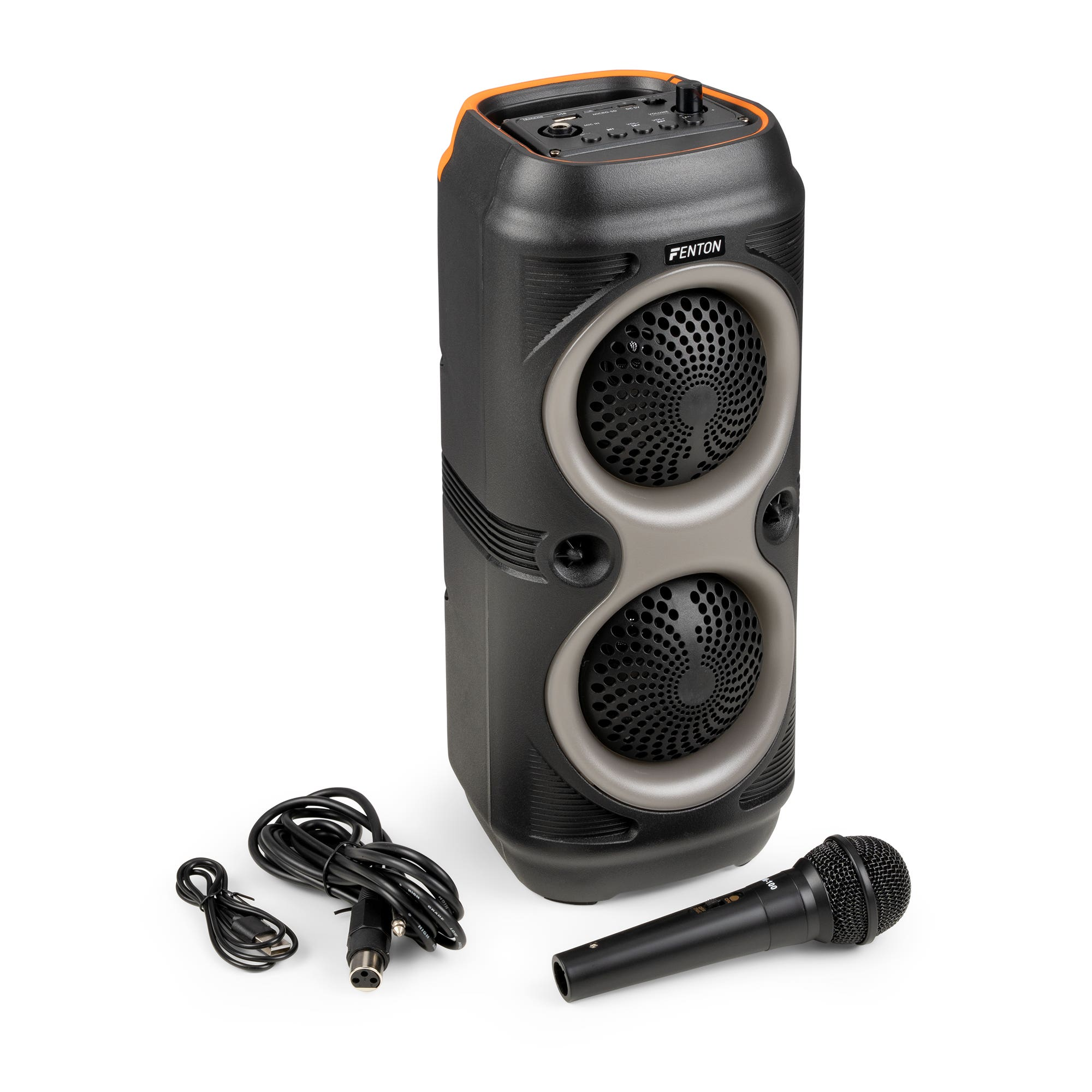 Altavoz Fenton negro y gris con dos rejillas redondas, un micrófono y cables sobre fondo blanco.