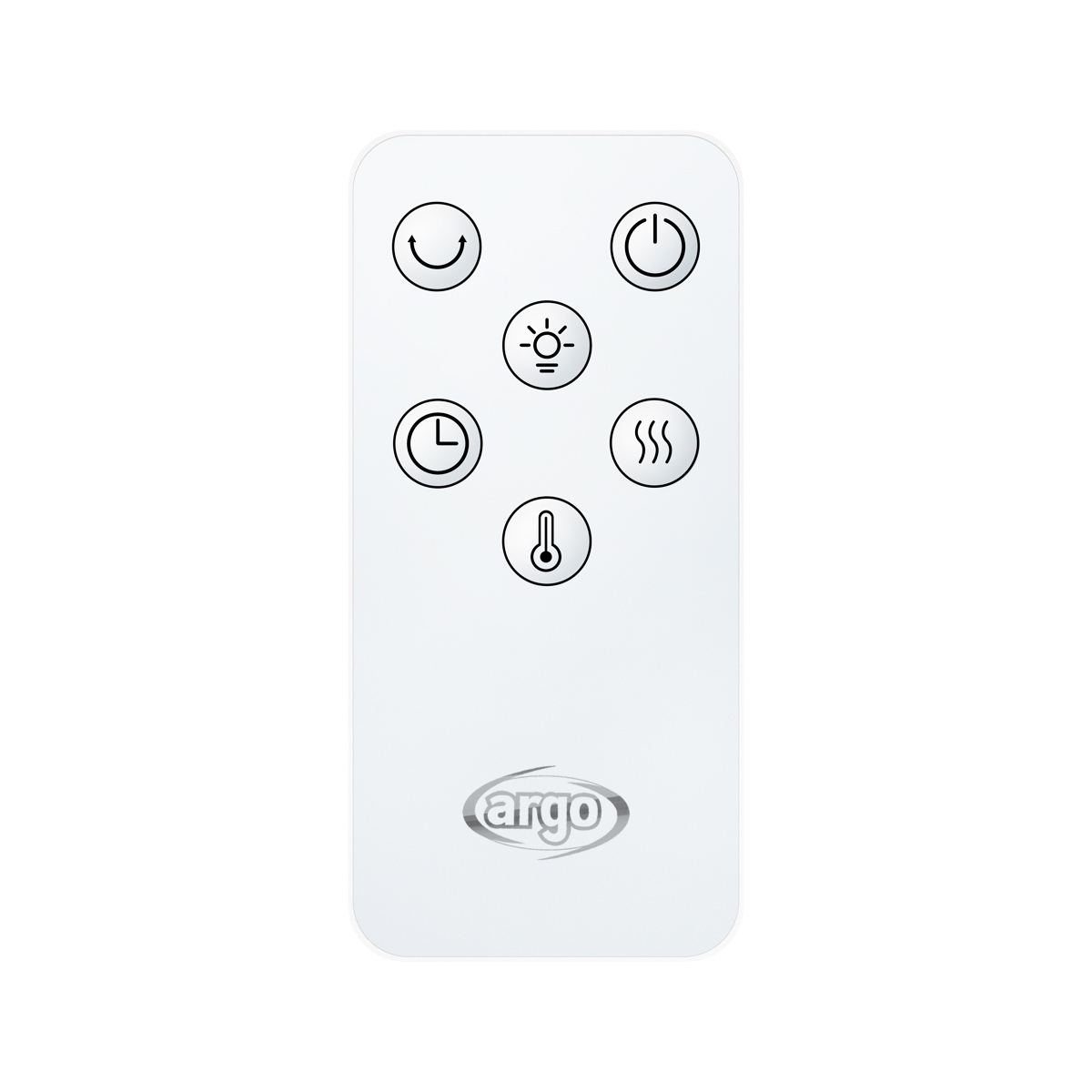 Telecomando bianco con simboli neri: accensione/spegnimento, luce, timer, calore, temperatura e logo 'argo'.