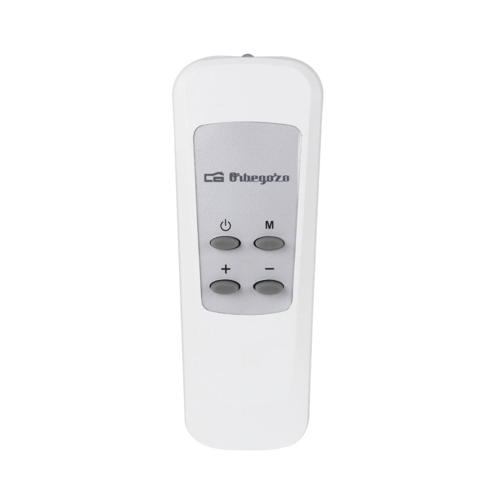 Un mando a distancia blanco con botones grises. Tiene botones de encendido, modo, más y menos, y la marca Obezo.