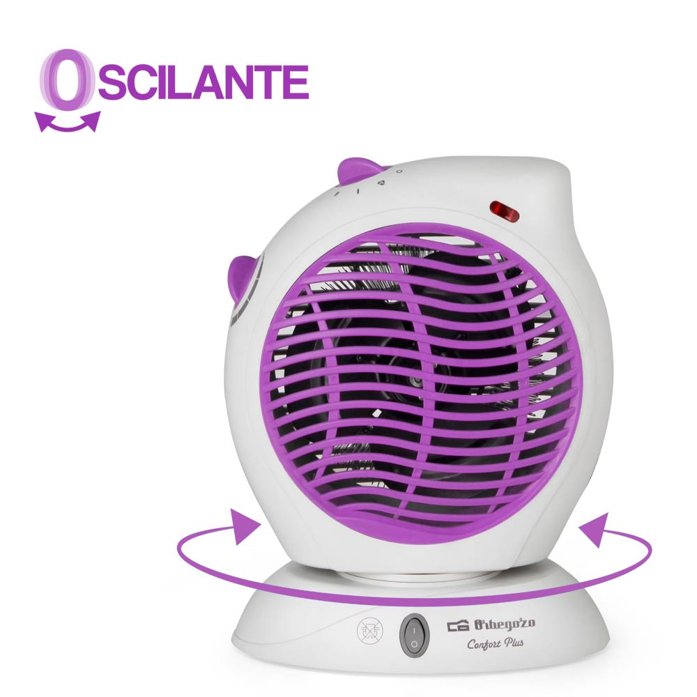 Calentador oscilante blanco y morado. Tiene forma redonda con ventilador y botones. La marca es visible.