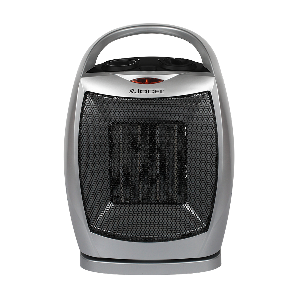 Un calefactor eléctrico plateado y negro con asa. Tiene una rejilla frontal y botones de control en la parte superior.