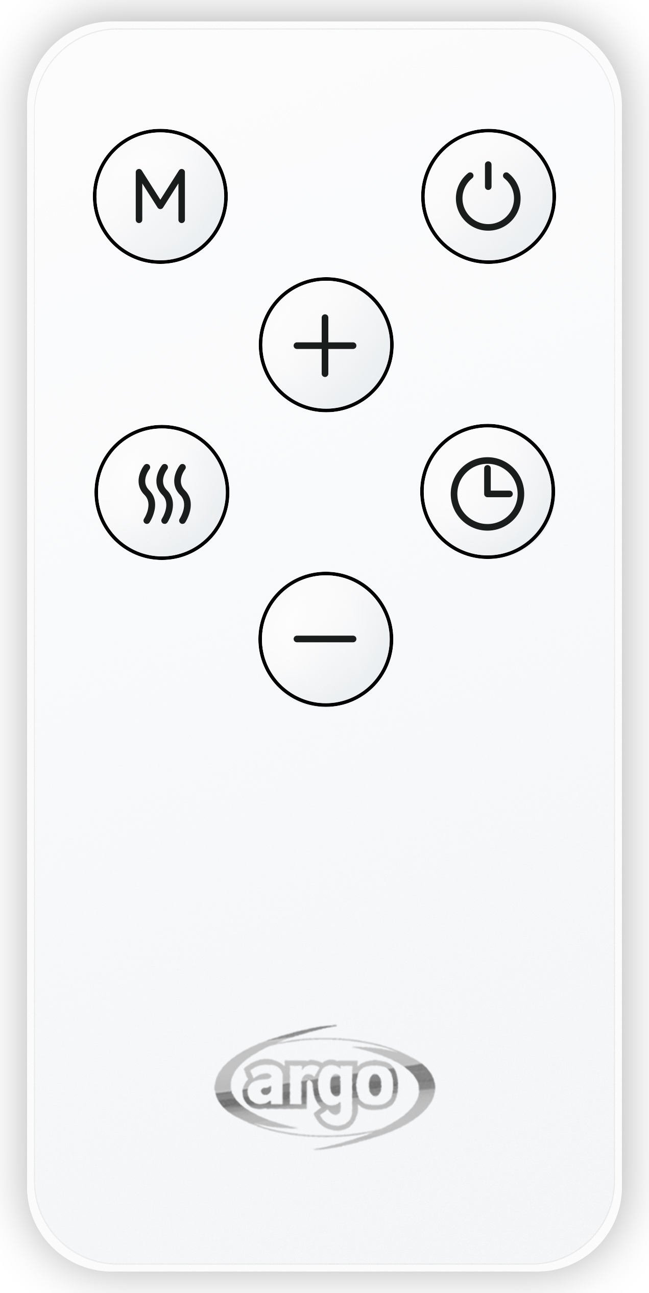 Telecomando bianco con icone nere: M, accensione/spegnimento, +, onde di calore, timer e meno. Il marchio 'argo' in basso.