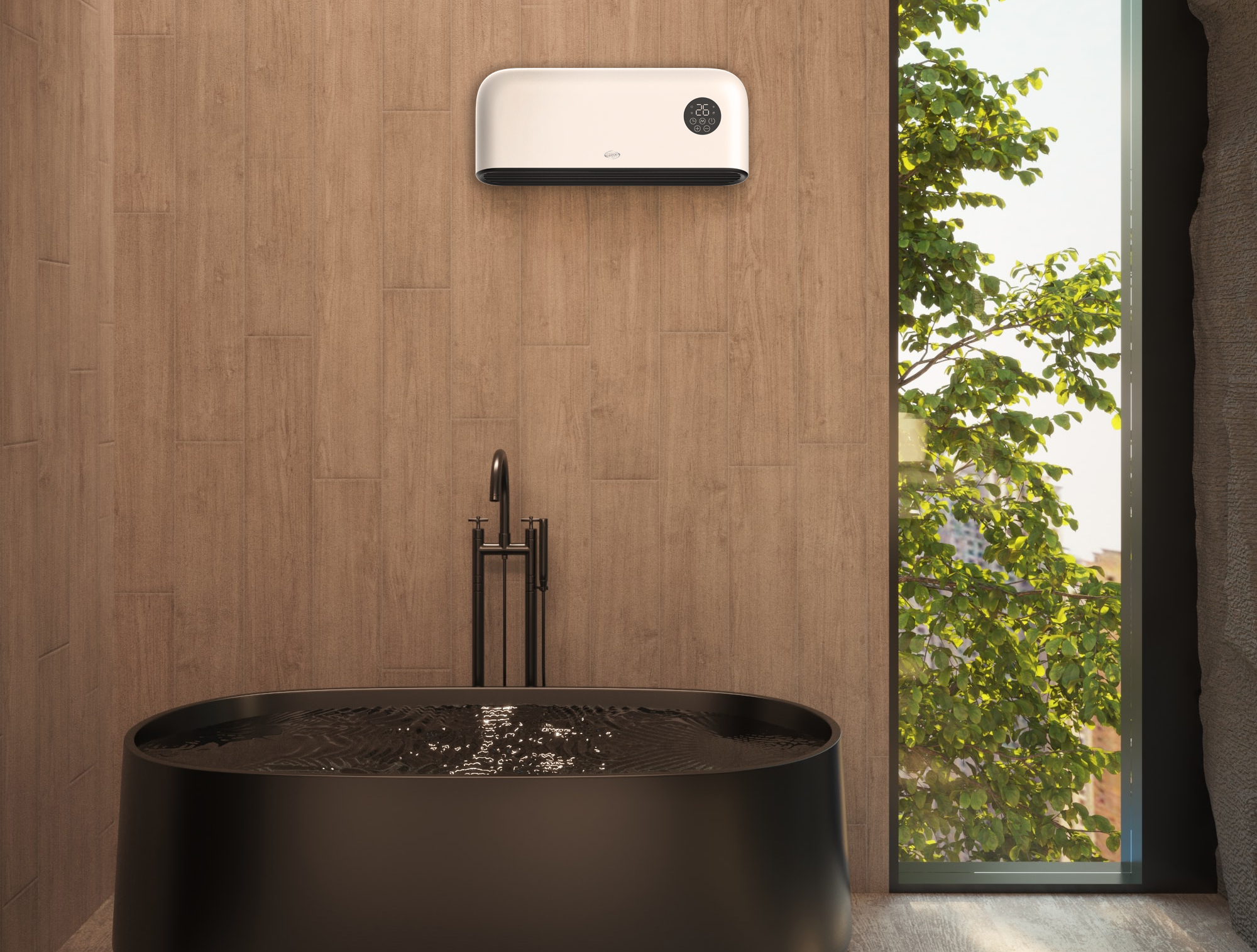 Bagno con vasca ovale nera, rubinetto e scaldabagno a parete. Una finestra mostra foglie verdi.