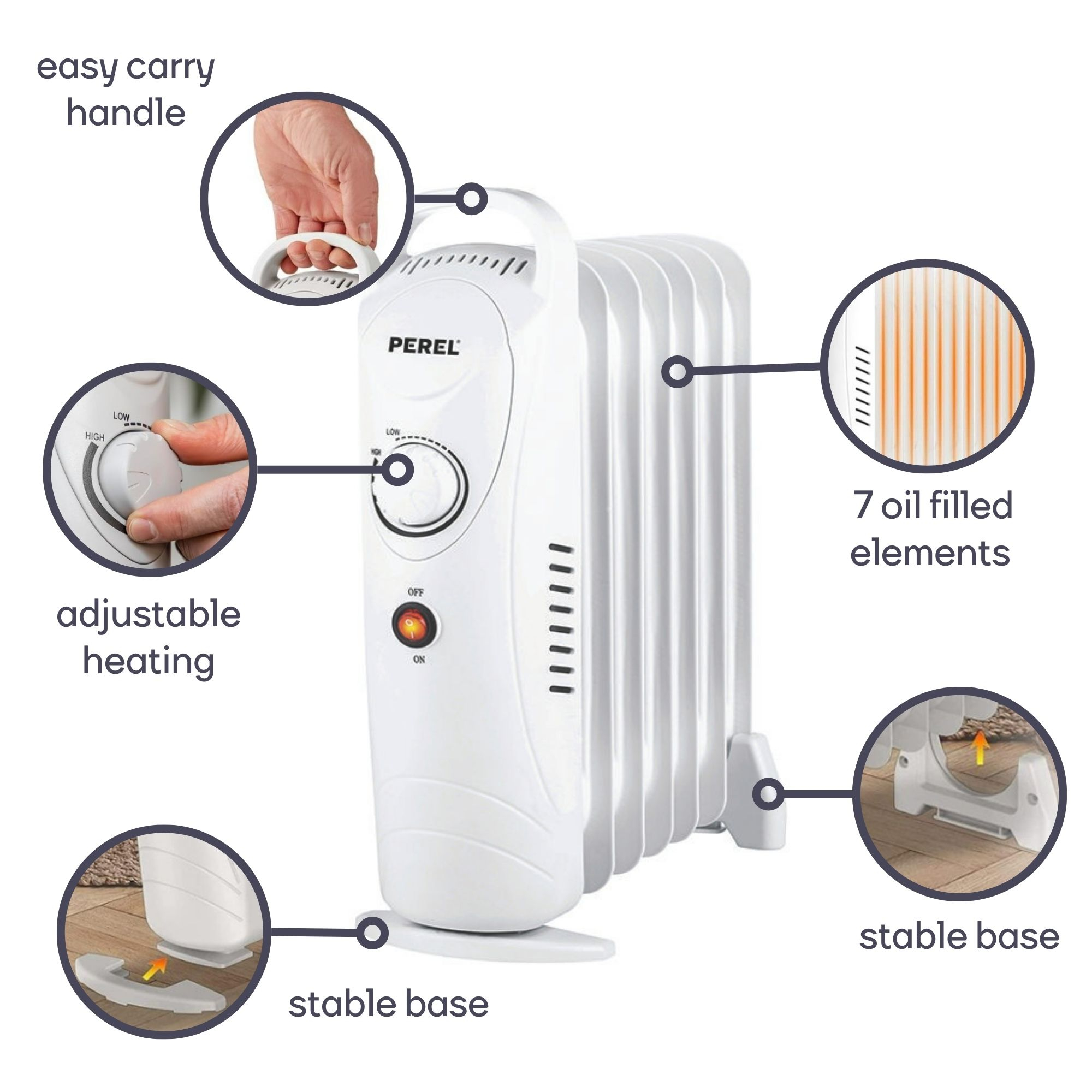 Biały grzejnik olejowy z 7 elementami. Posiada uchwyt, regulowane ogrzewanie i stabilną podstawę.