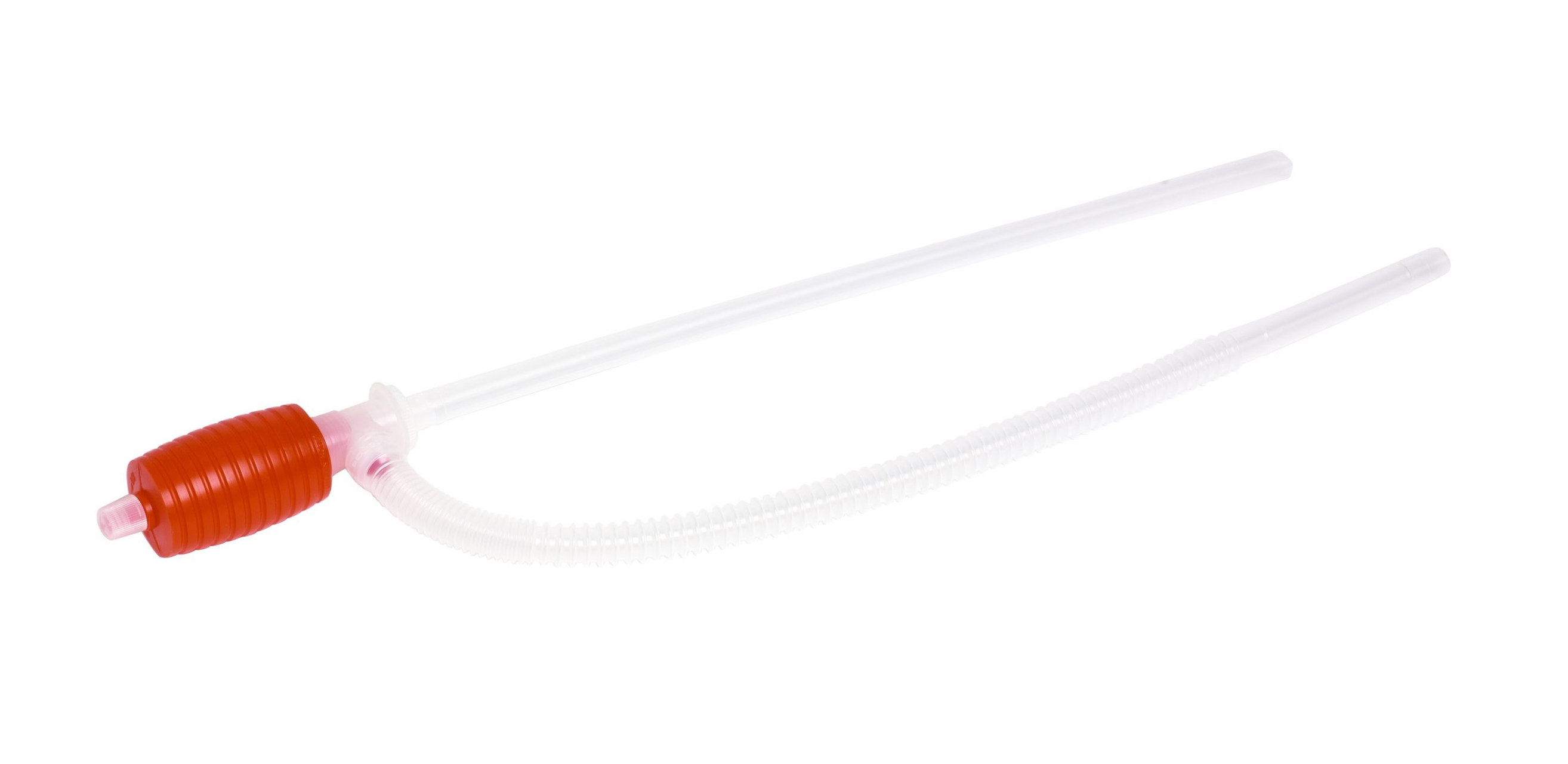 Una pompa a sifone manuale con una lampadina rossa e tubi di plastica trasparenti, su sfondo bianco.