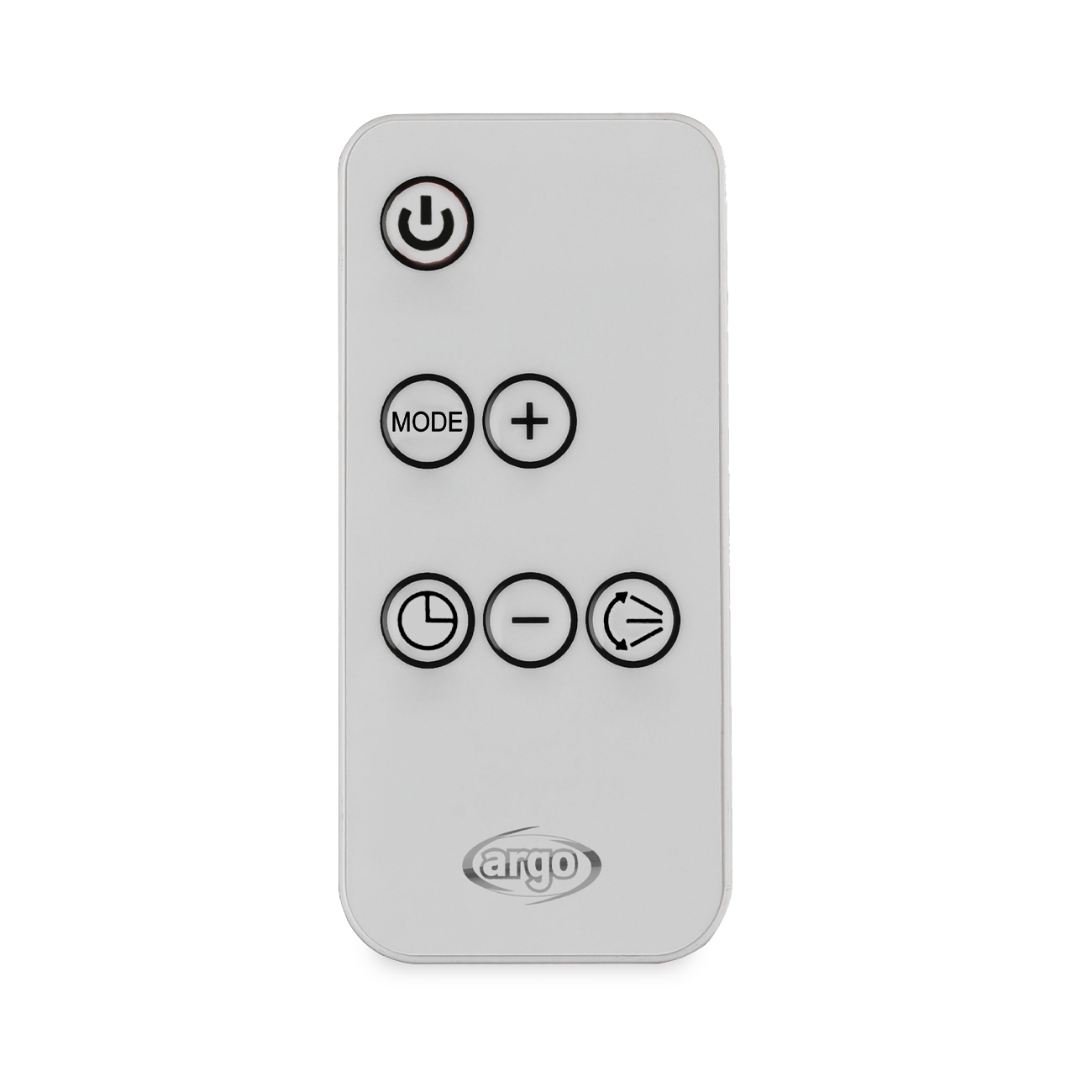 Un telecomando bianco con icone di accensione, modalità, più, timer, meno e ventola. Il marchio 'Argo' è in basso.