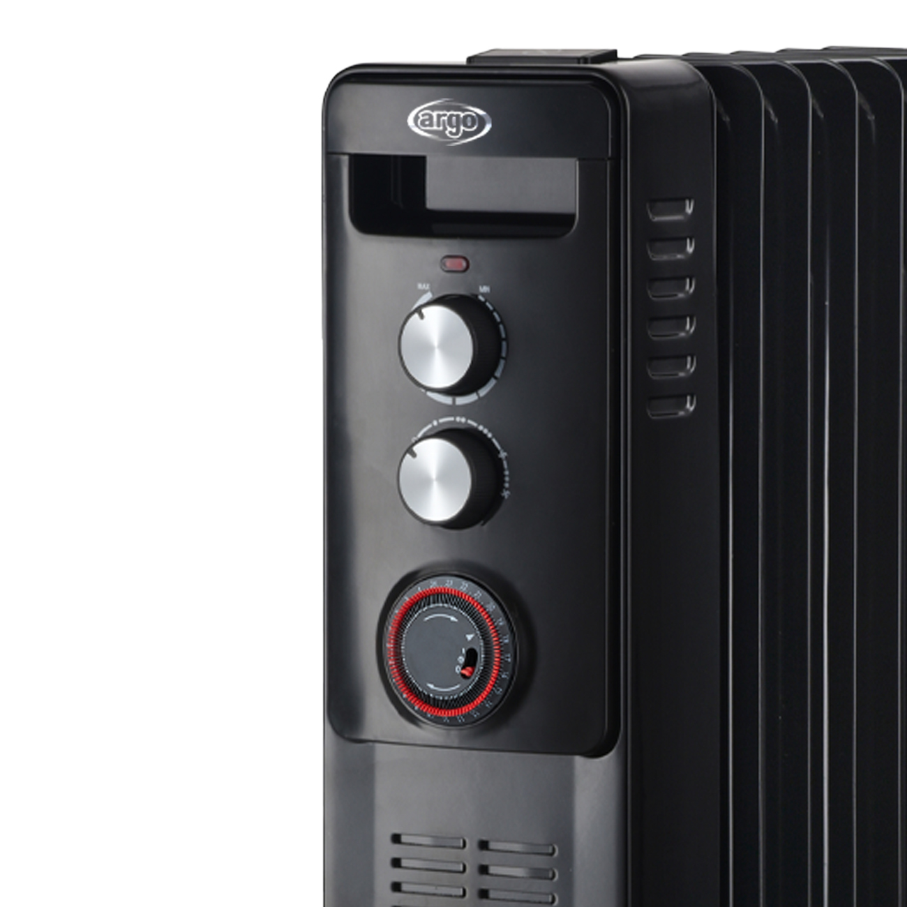 Czarny grzejnik olejowy. Ma pokrętła, timer i logo "argo". Prawa strona ma pionowe żebra.