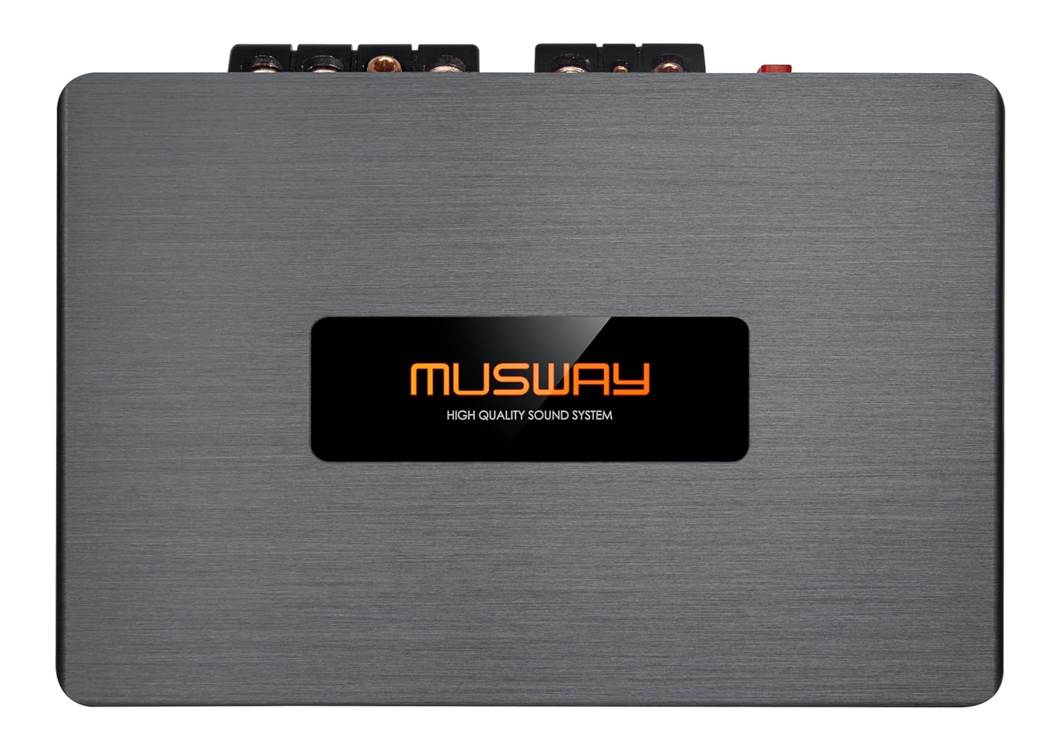 Ein grauer MUSWAY-Audioverstärker. Er hat eine schwarze Mitte mit dem Markennamen in Orange. Klemmen sind oben sichtbar.