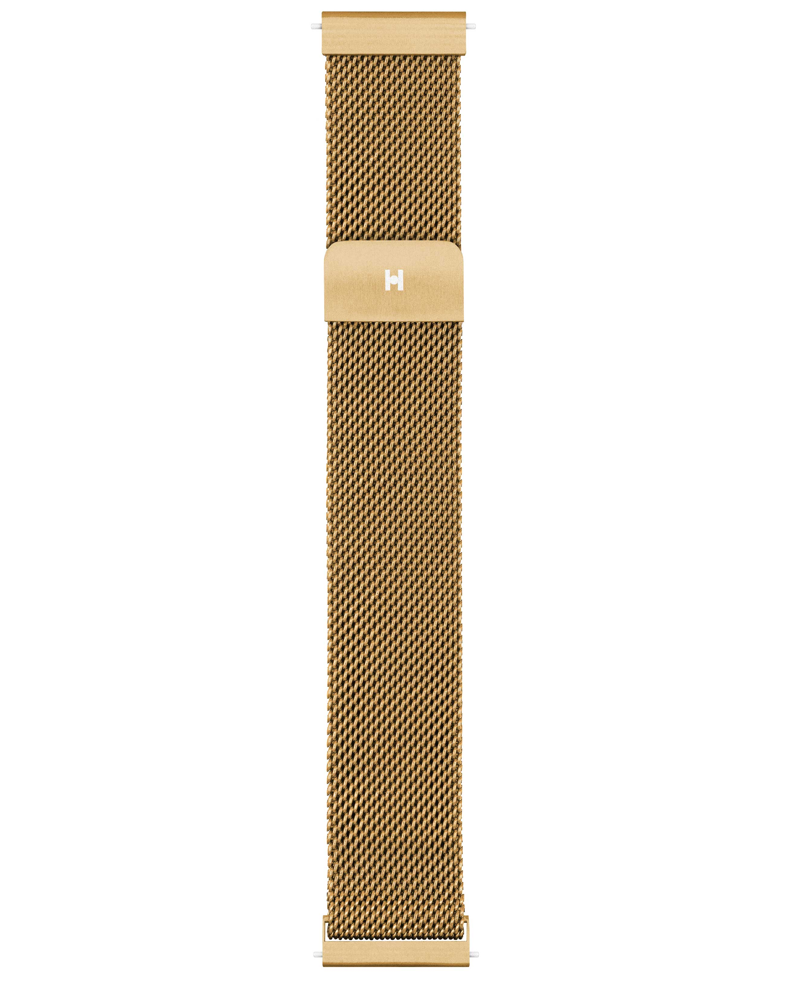 Ein goldenes Uhrenarmband liegt vertikal. Das Armband ist ein Mesh-Design mit goldener Hardware und einem Verschluss mit dem Buchstaben 'H'.